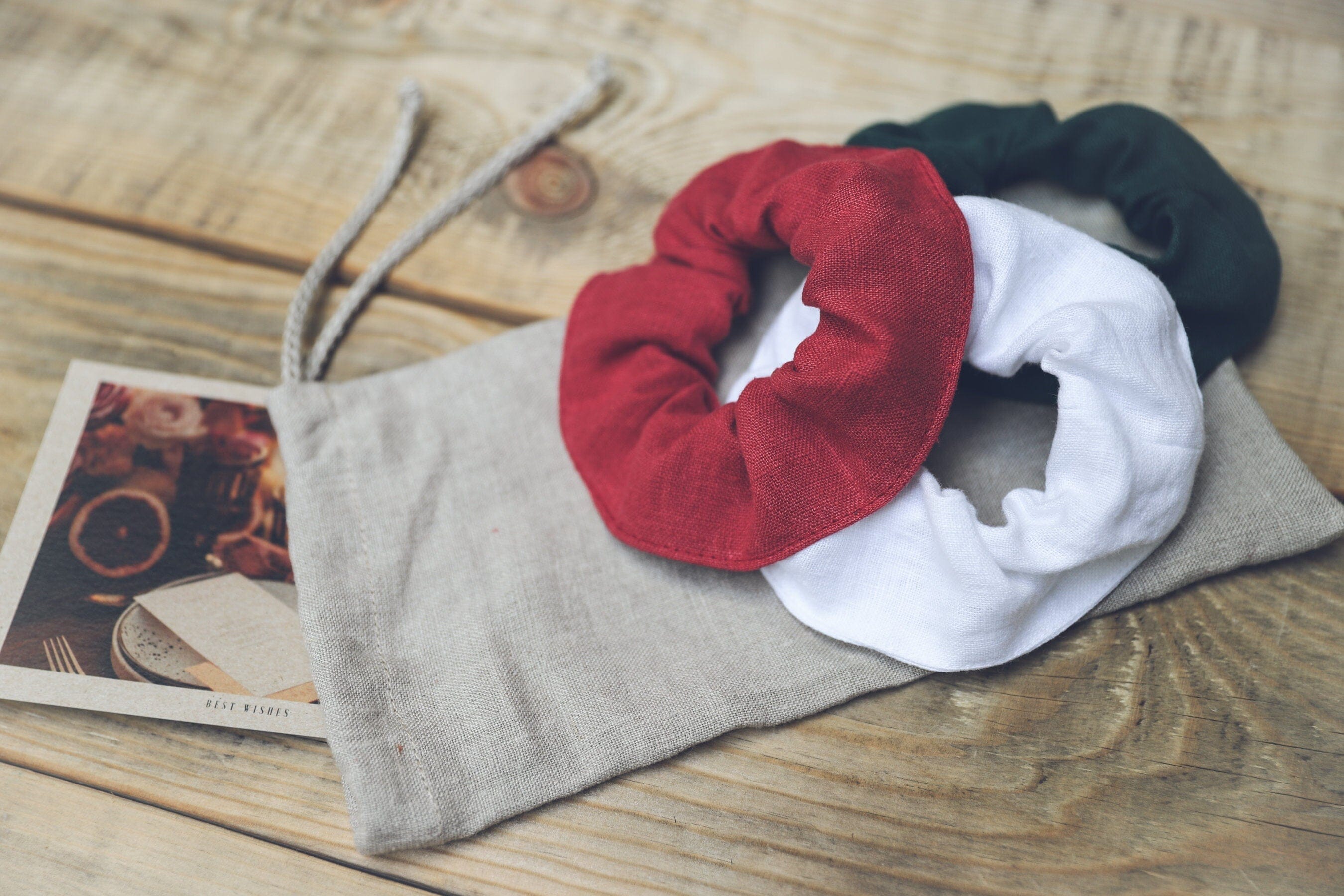 Set of 3 Small Linen Hair Ties Old Linen Mill Small Grey Checks