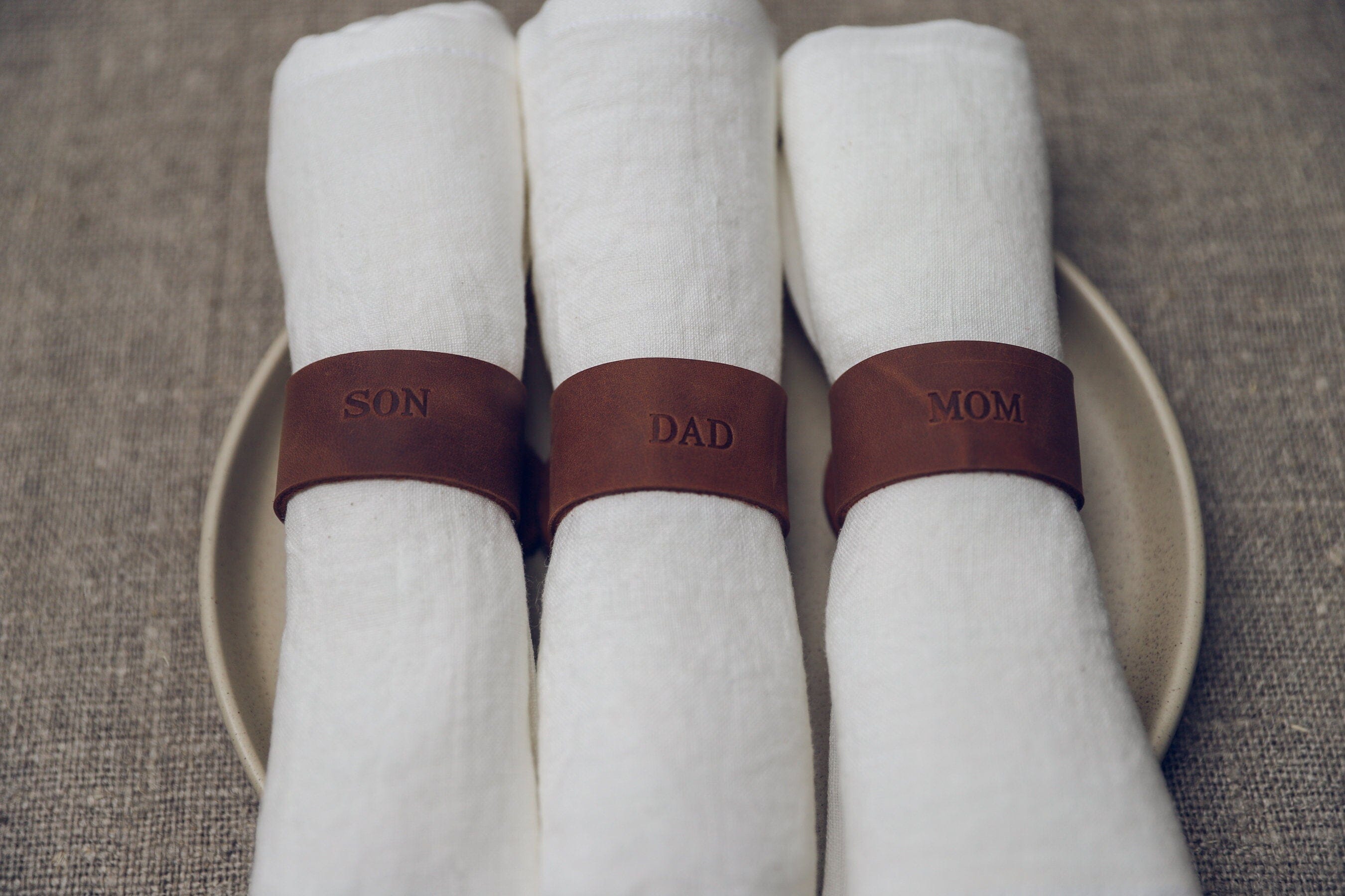Set of 6 Handmade Personalized Table Linen Napkins with Leather Rings Old Linen Mill