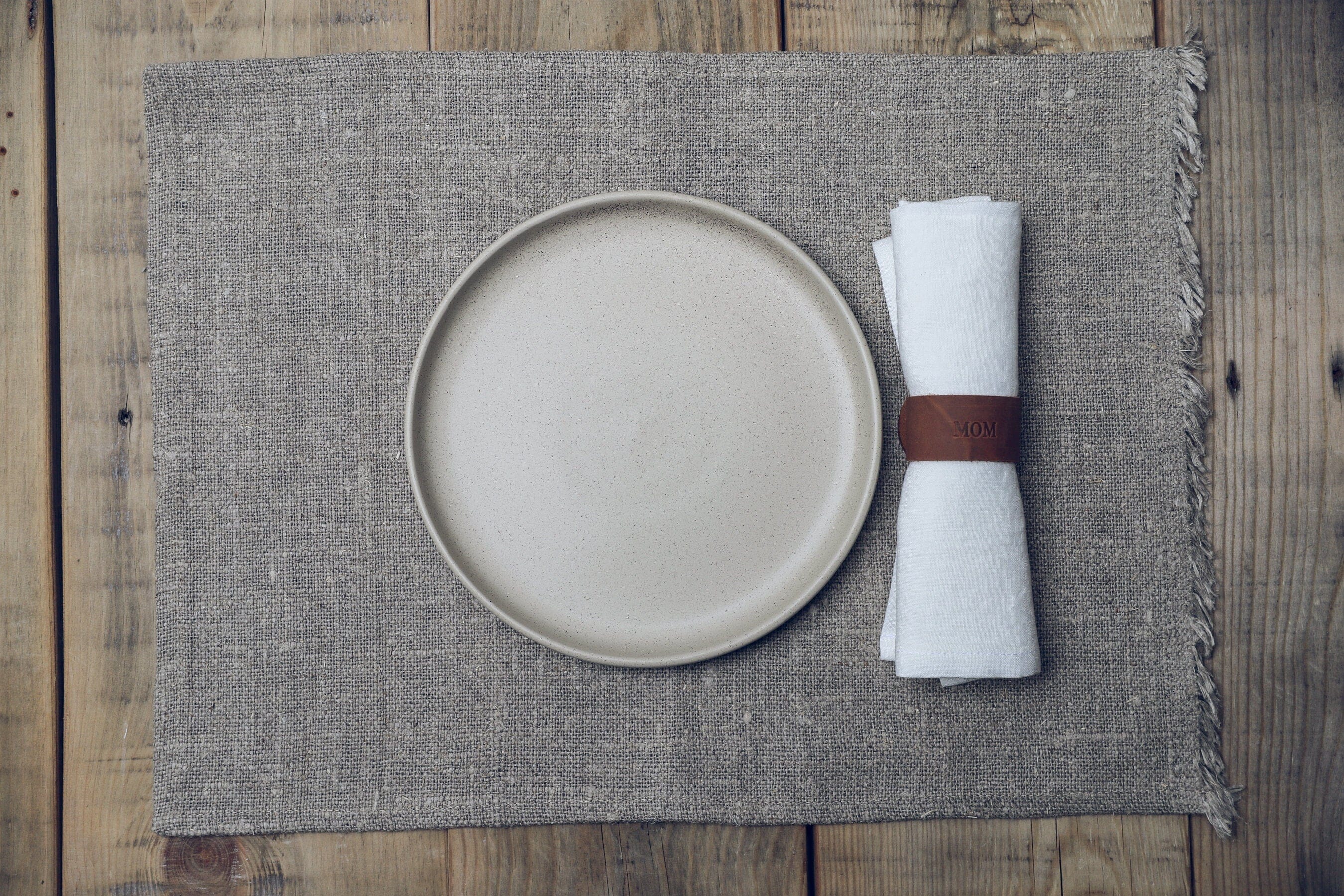 Set of 6 Handmade Personalized Table Linen Napkins with Leather Rings Old Linen Mill