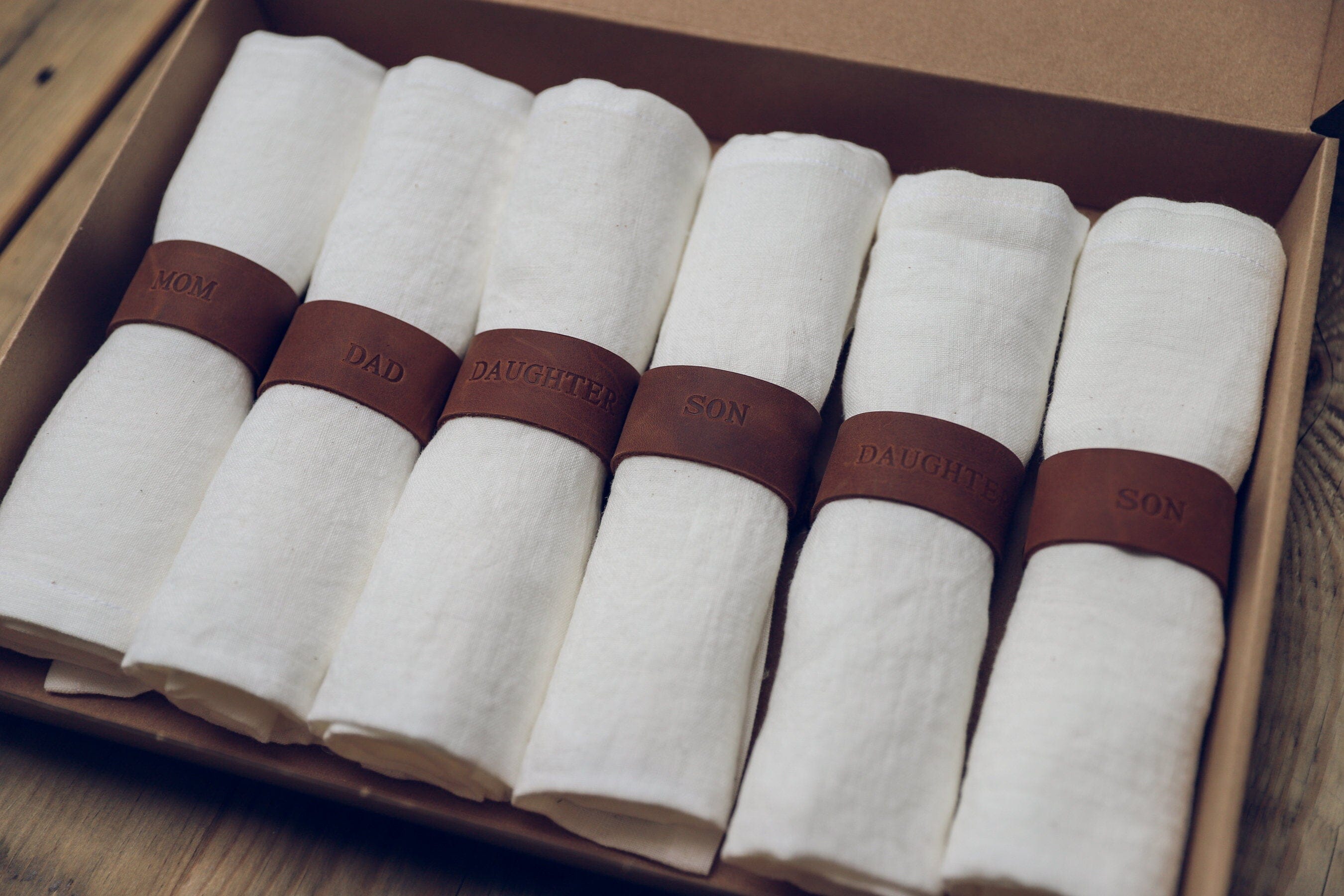 Set of 6 Handmade Personalized Table Linen Napkins with Leather Rings Old Linen Mill Small Grey Checks