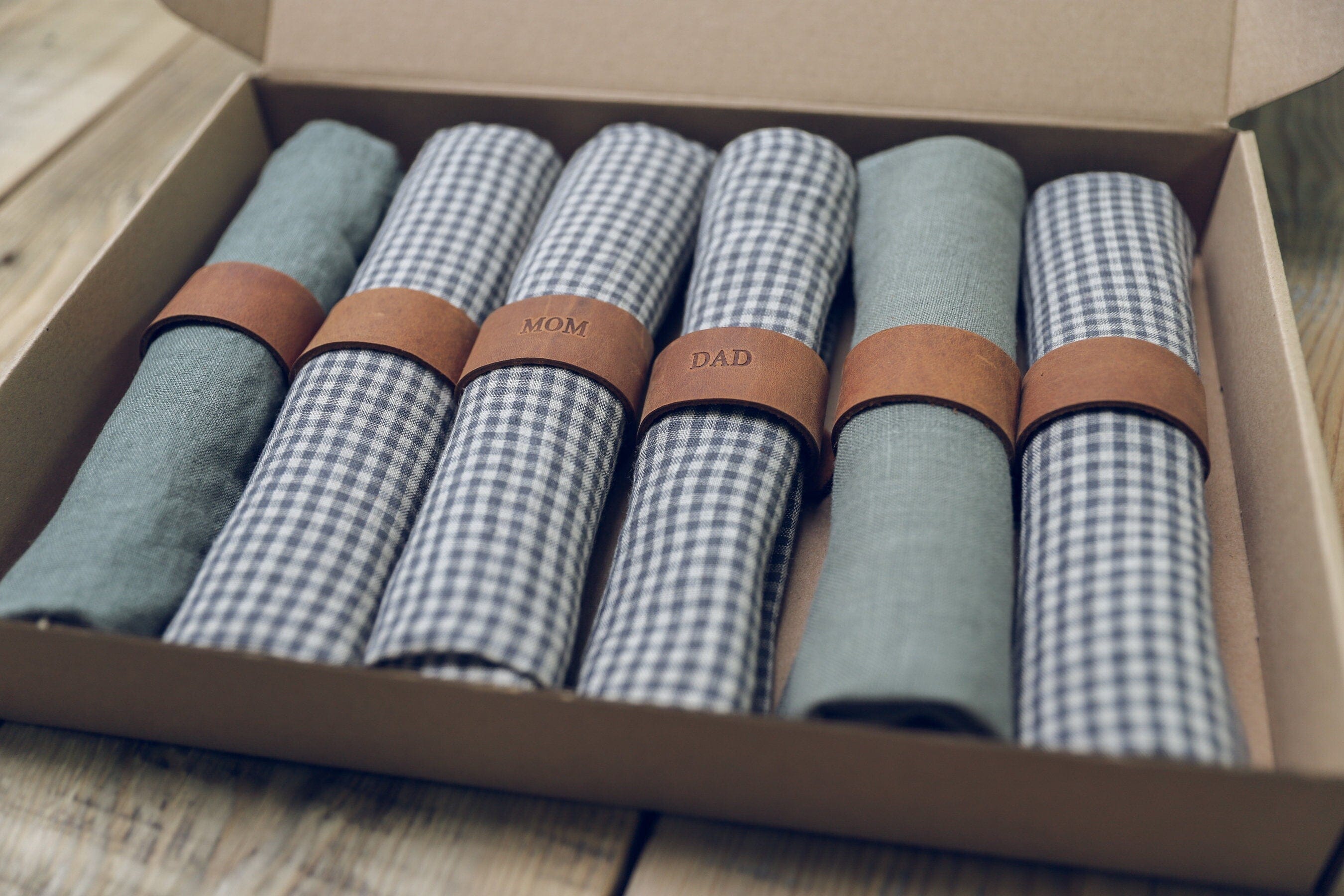 Set of 6 Linen Napkins with Leather Rings Old Linen Mill Small Gray Checks