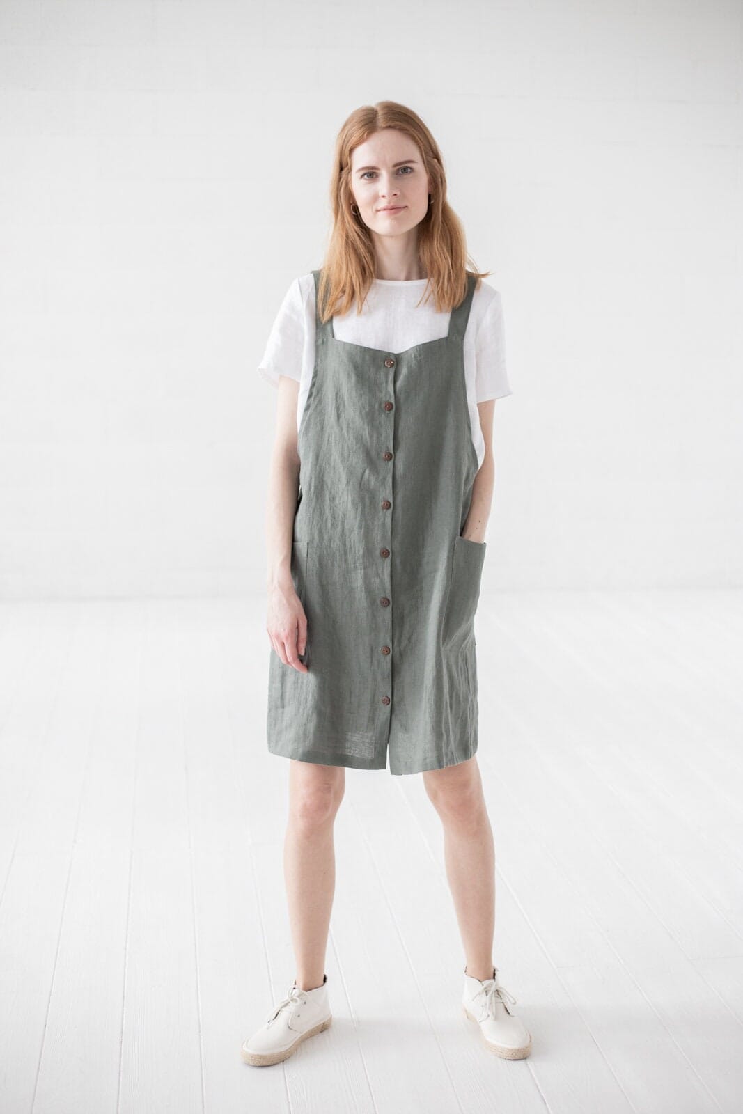 Short Linen Button Down Pinafore Dress Old Linen Mill Small Grey Checks XS/S