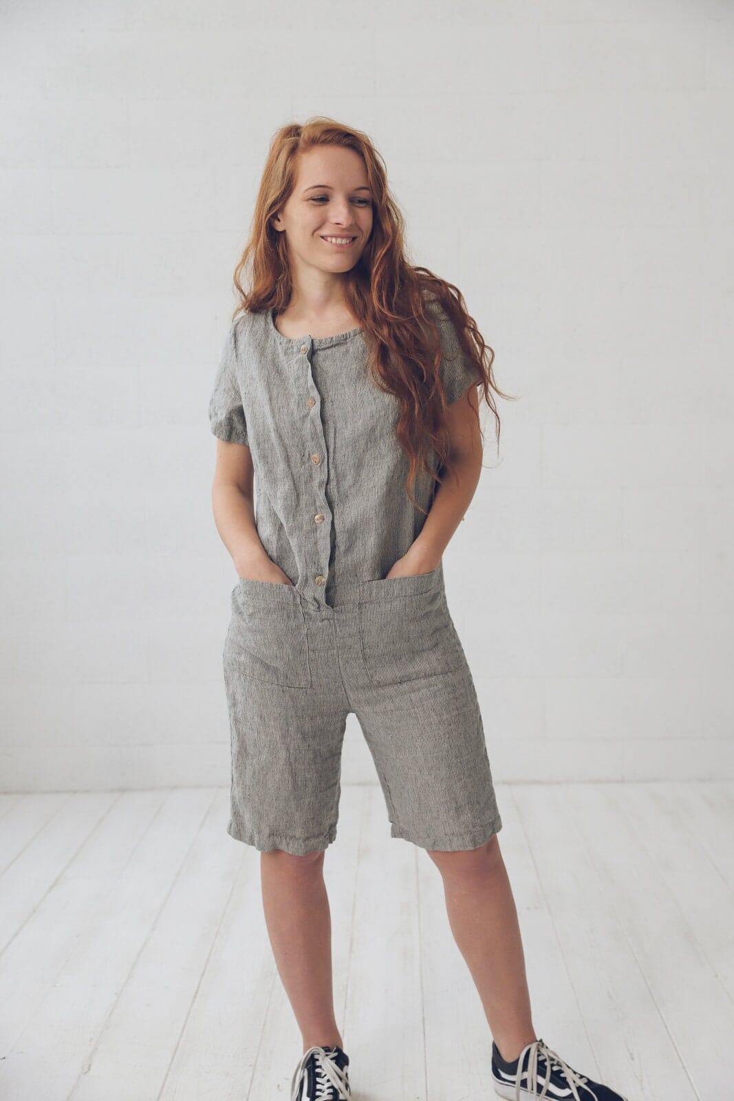 Short Linen Jumpsuit Overall Old Linen Mill Small Grey Checks XS