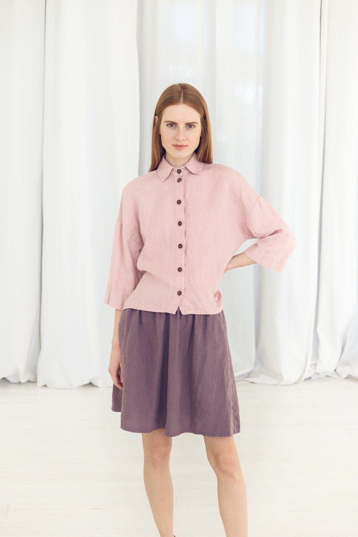 Short Linen Shirt for Women Old Linen Mill Small Grey Checks XS/S