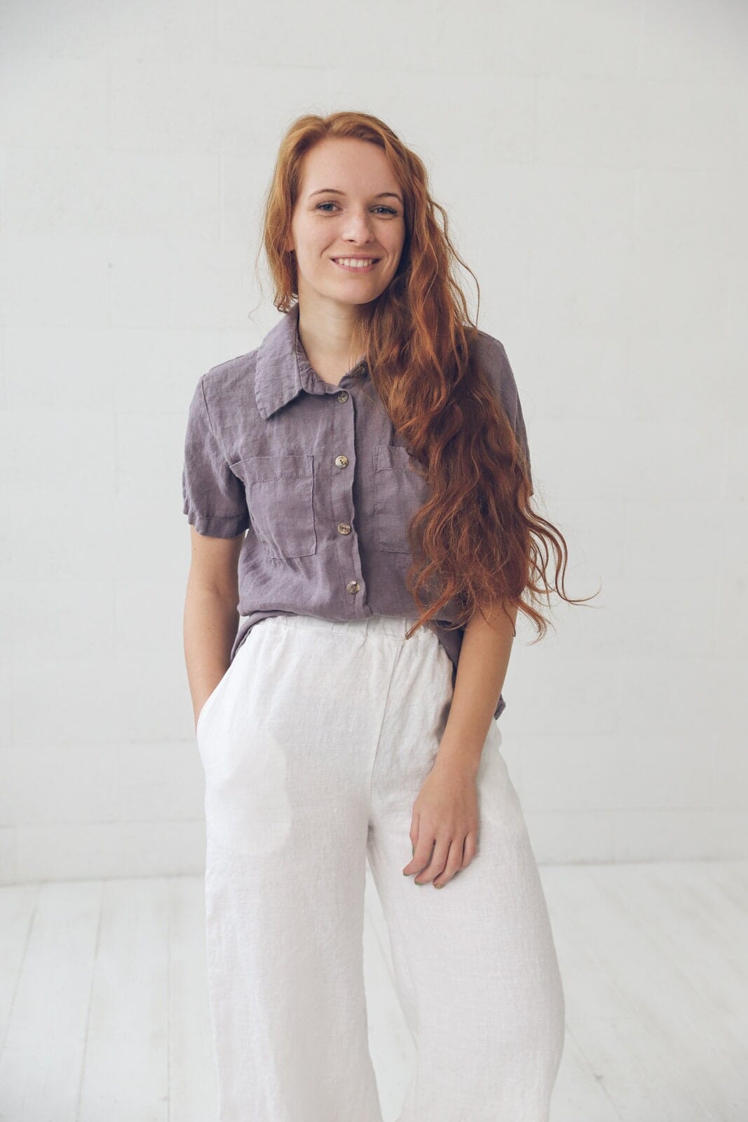 Short Sleeve Linen Women Shirt Old Linen Mill Small Grey Checks XS