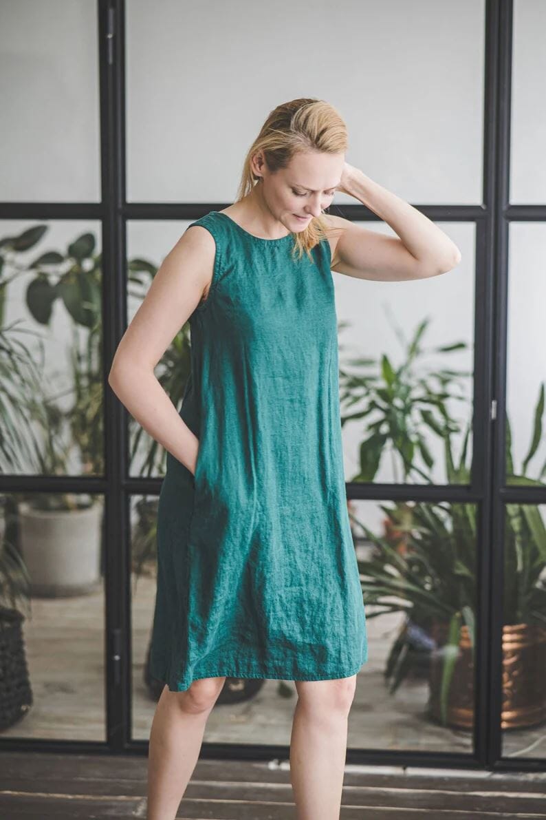 Simple Linen Midi Dress with Pockets Old Linen Mill