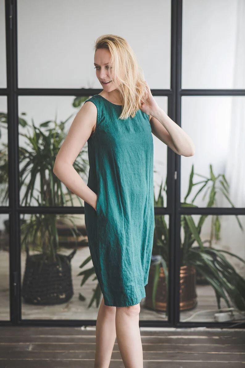 Simple Linen Midi Dress with Pockets Old Linen Mill Natural Linen XS