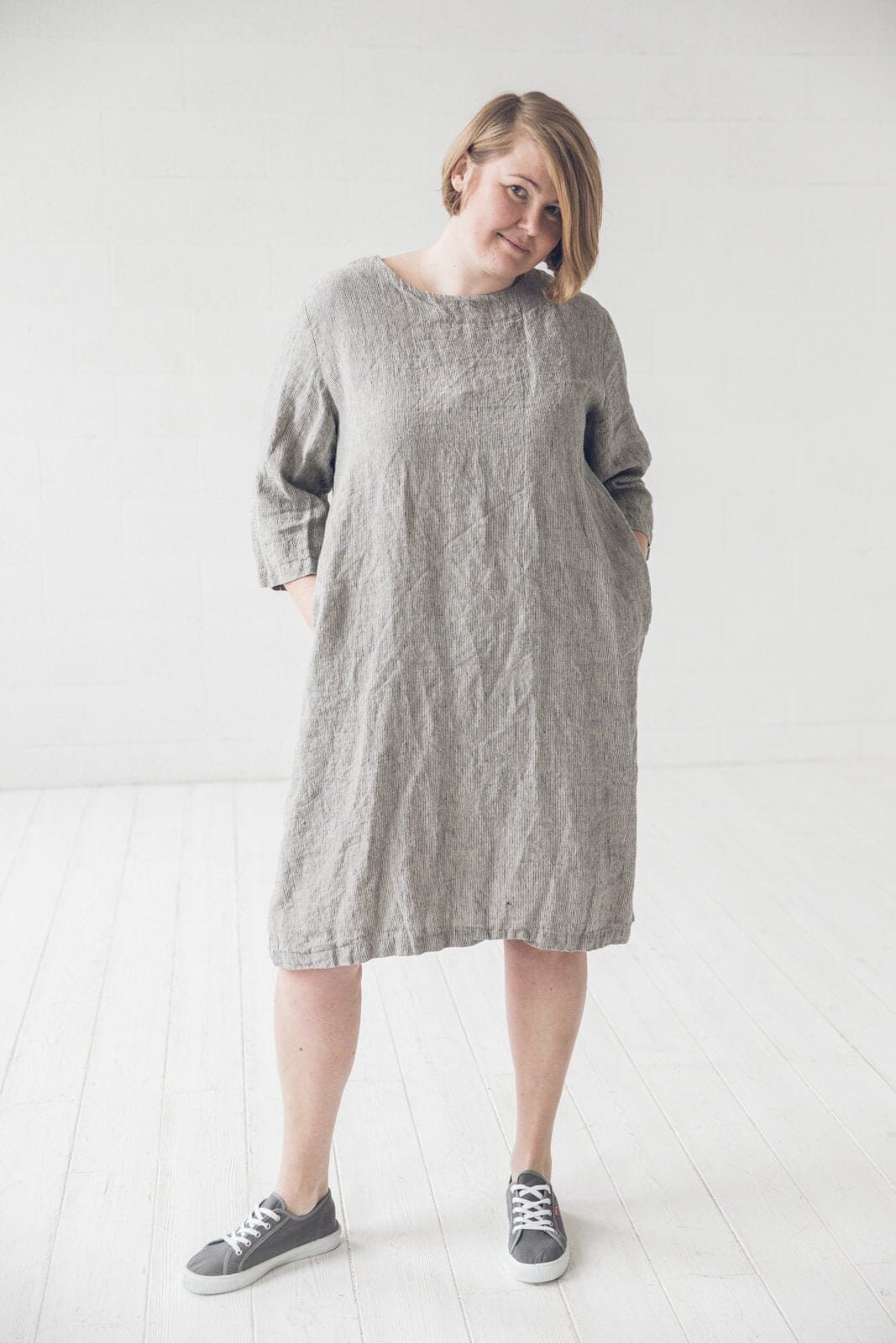 Simple Linen Tunic Dress Old Linen Mill Small Grey Checks XS/S
