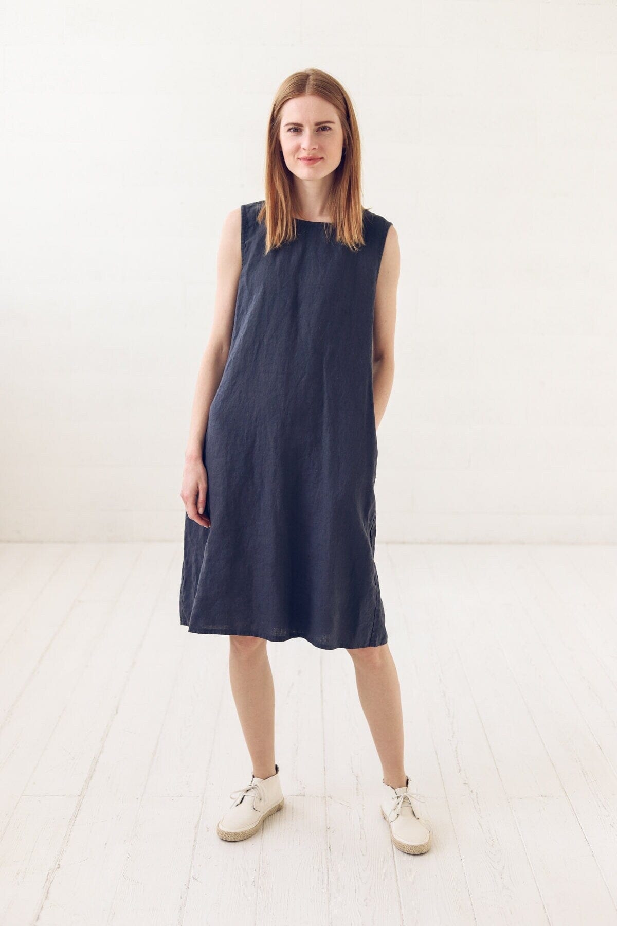 Simple Midi Linen Dress with Pockets Old Linen Mill Small Grey Checks XS