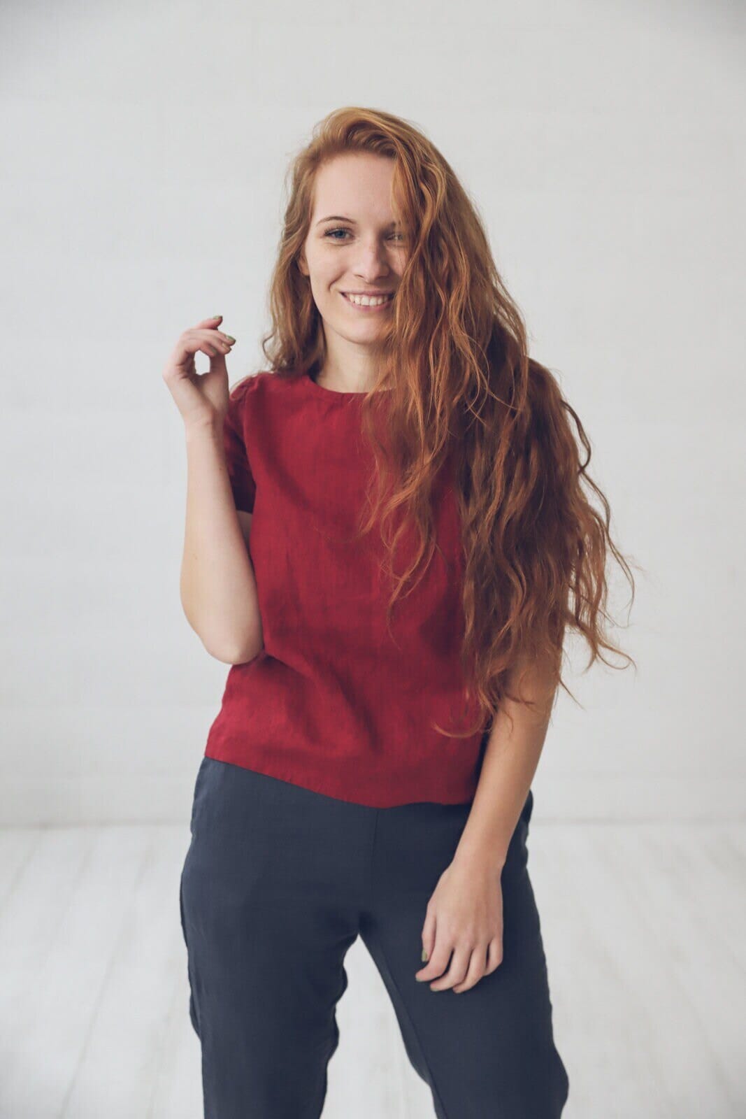 Simple Shape Linen Top Blouse Old Linen Mill Small Grey Checks XS