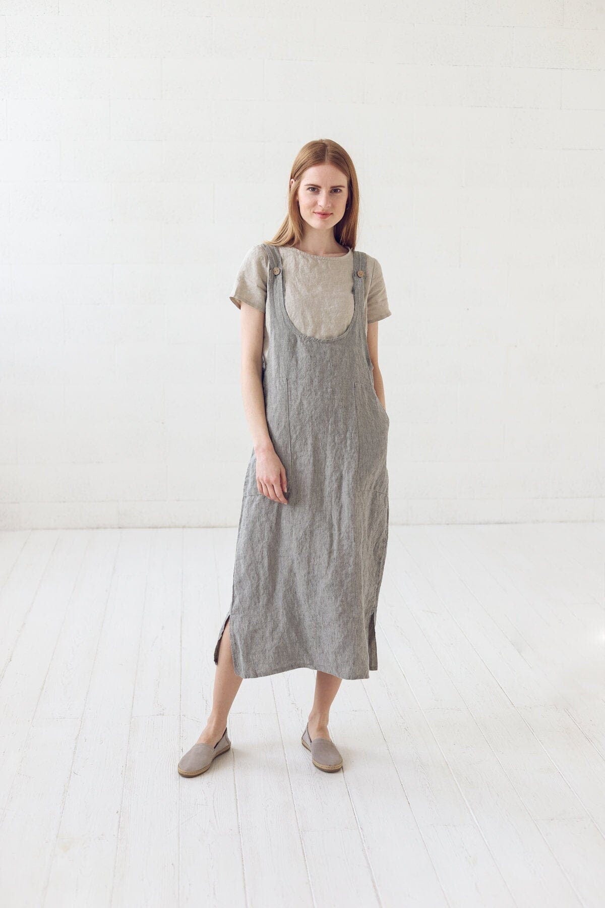 Simple Striped Linen Pinafore Dress Old Linen Mill