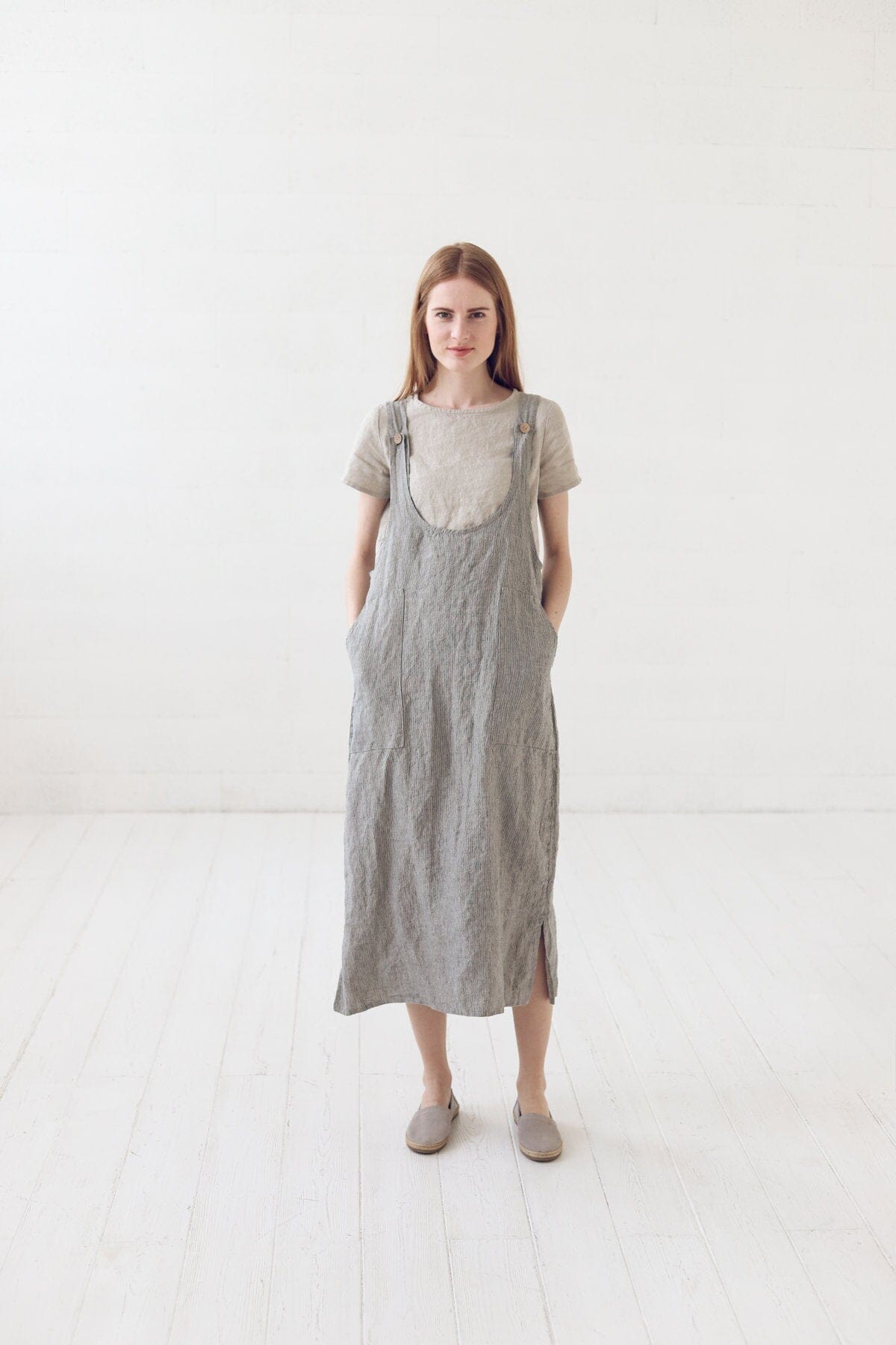 Simple Striped Linen Pinafore Dress Old Linen Mill Small Grey Checks XS/S