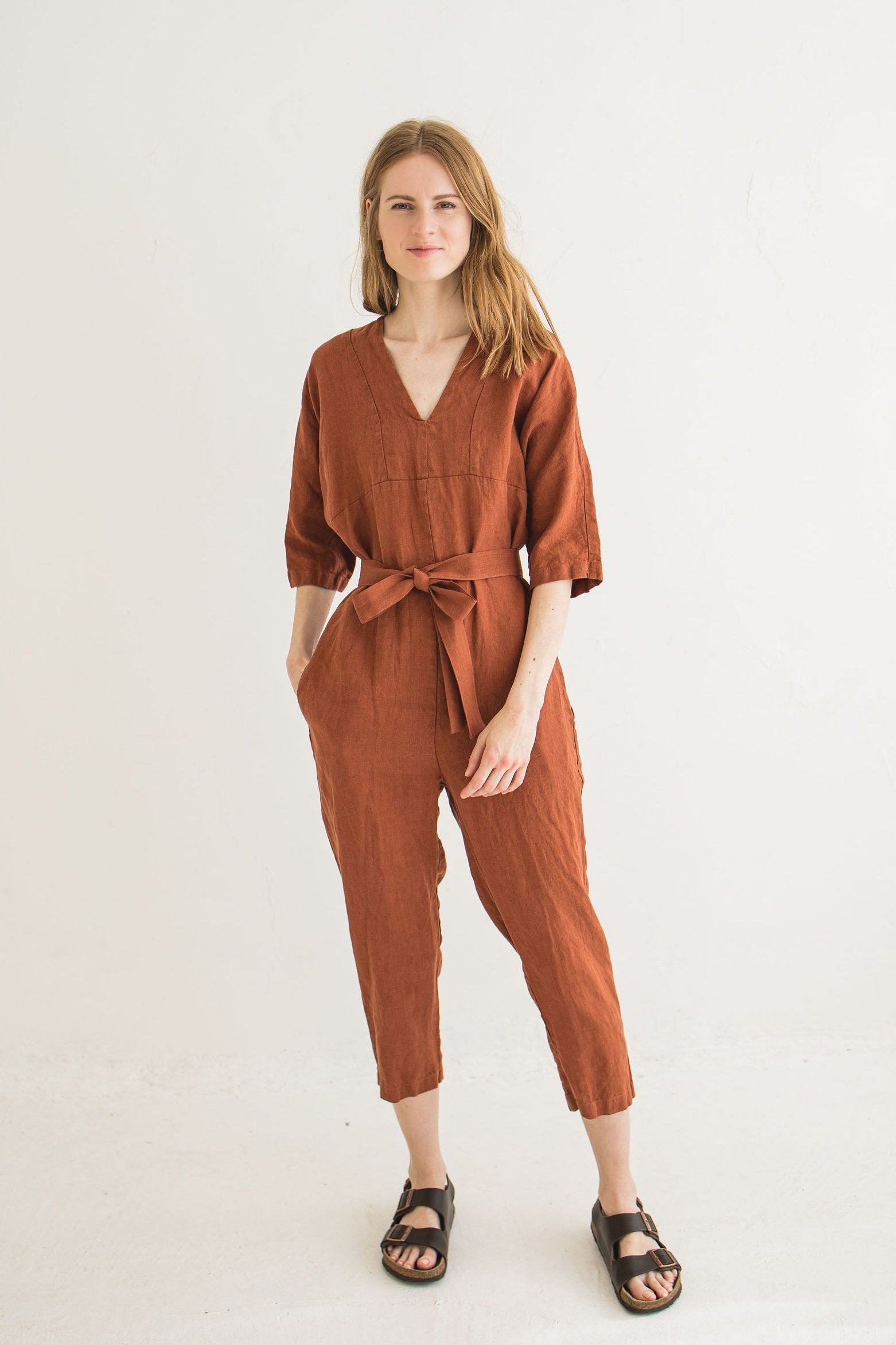 Soft Linen Jumpsuit with Belt Old Linen Mill