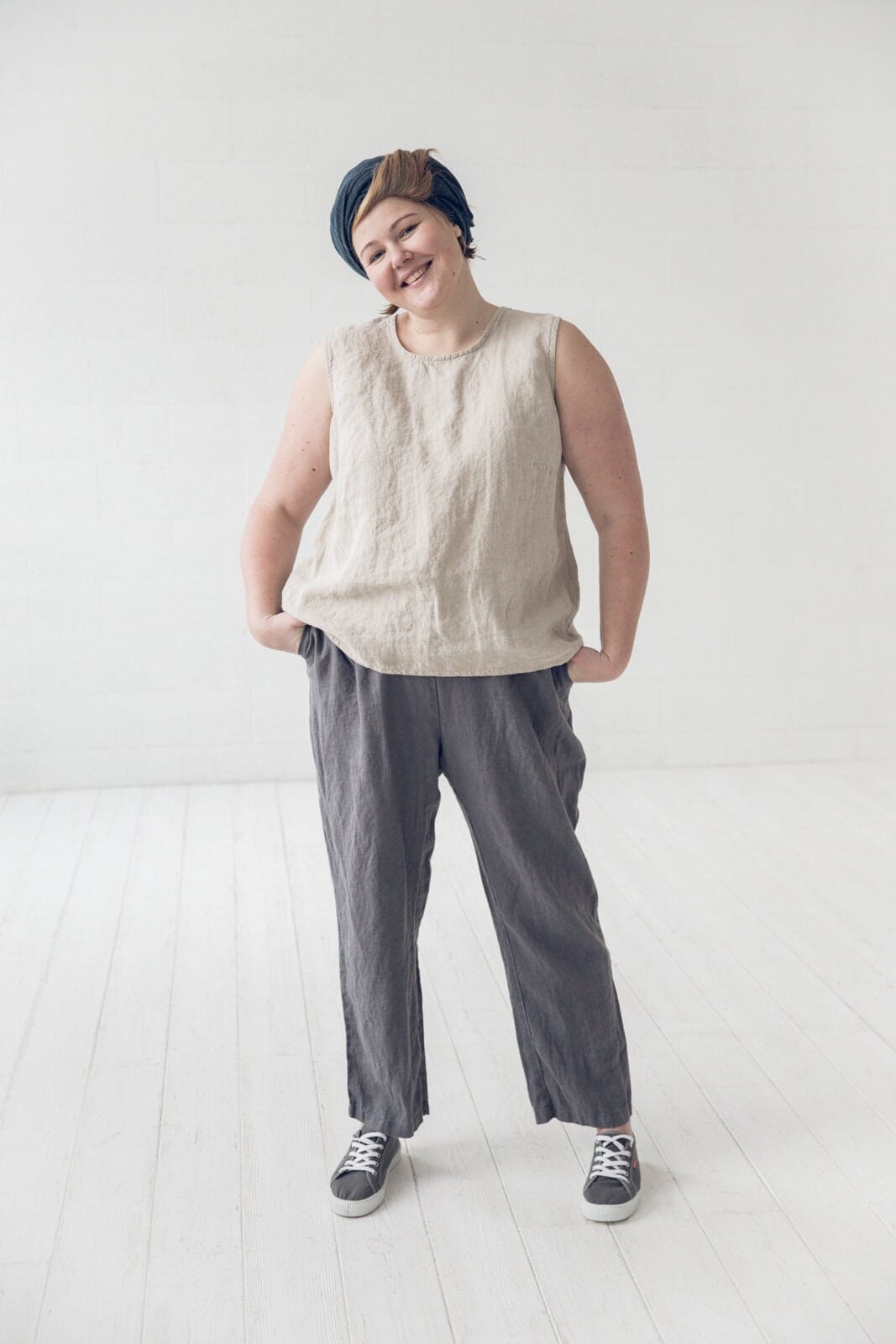 Soft Linen Loose Pants Old Linen Mill Small Grey Checks 3XL