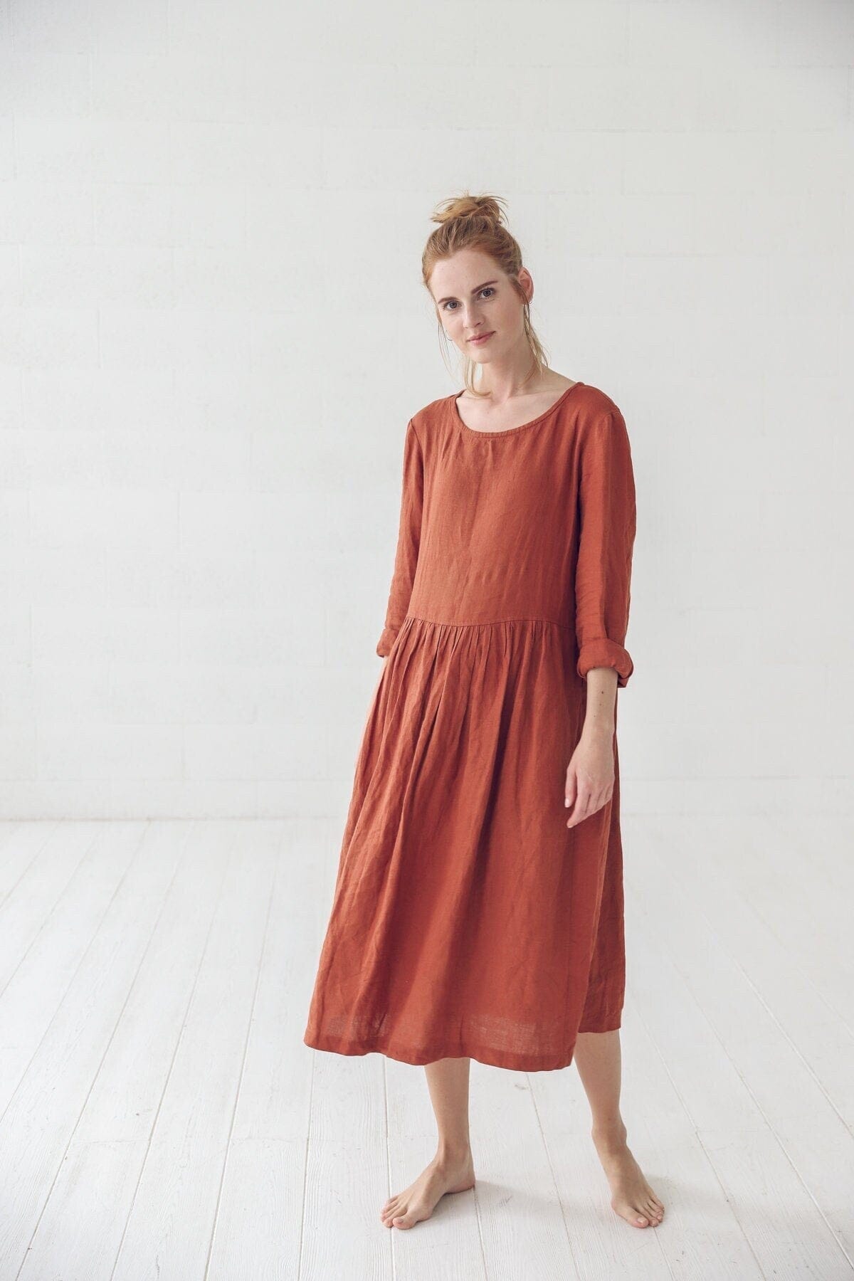 Soft Linen Midi Long Sleeves Dress Old Linen Mill