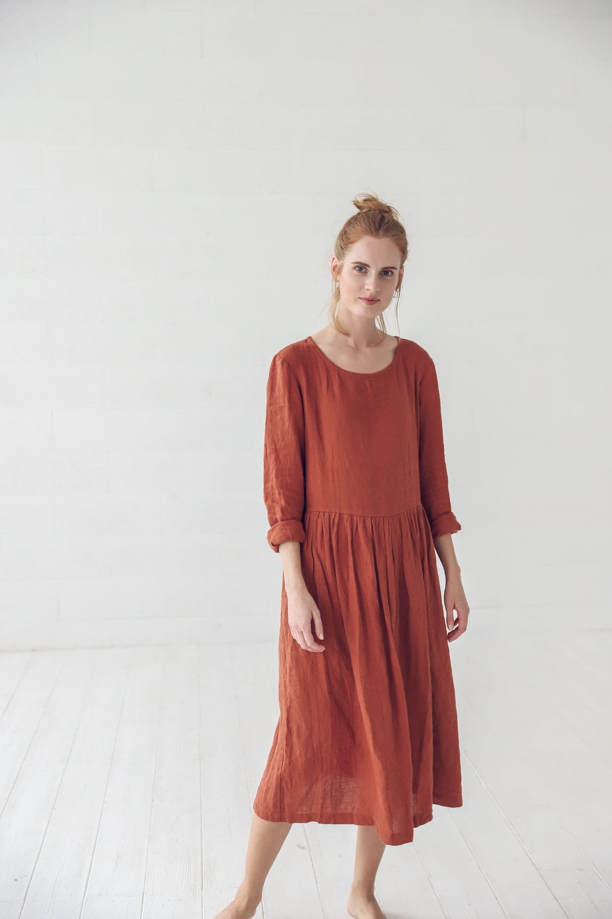 Soft Linen Midi Long Sleeves Dress Old Linen Mill Small Grey Checks XS/S