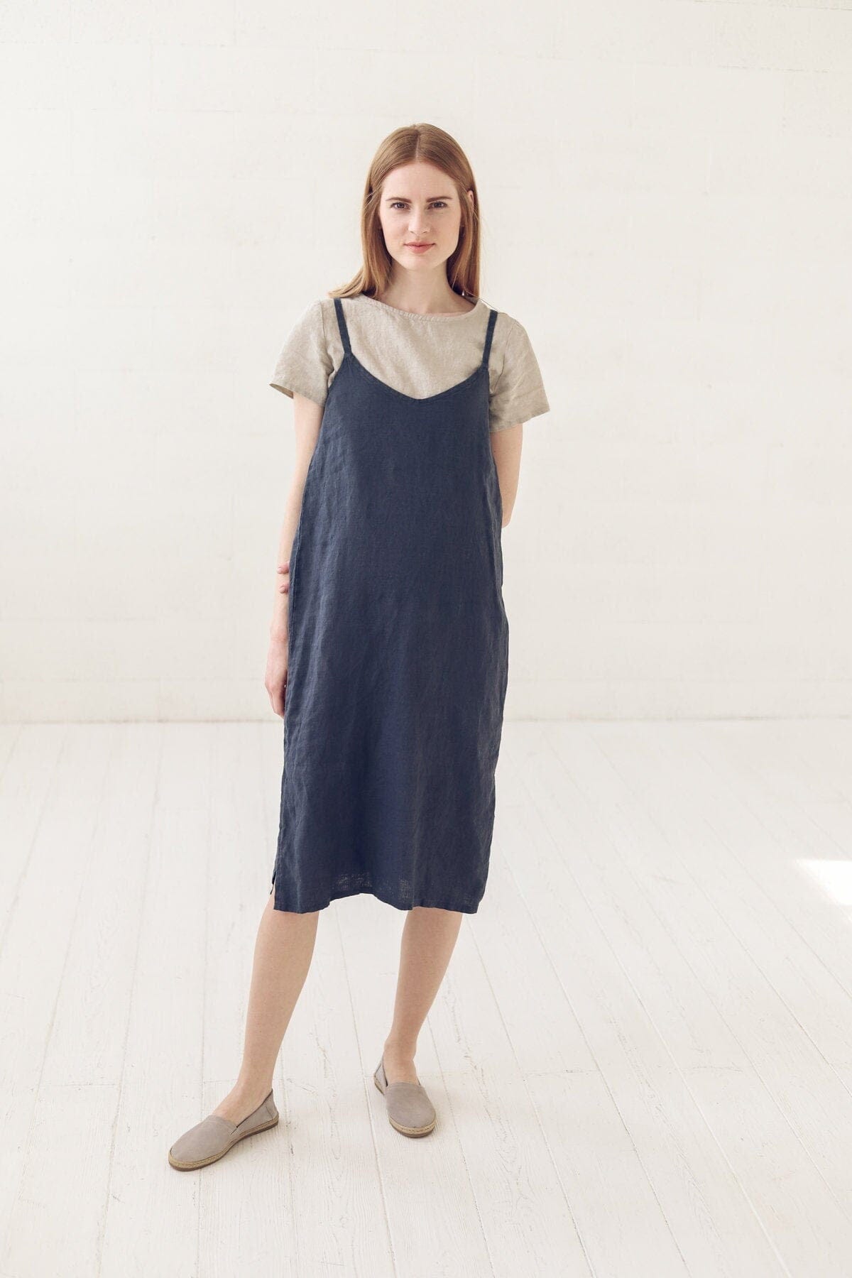 Soft Washed Midi Linen Dress Old Linen Mill Small Grey Checks XS