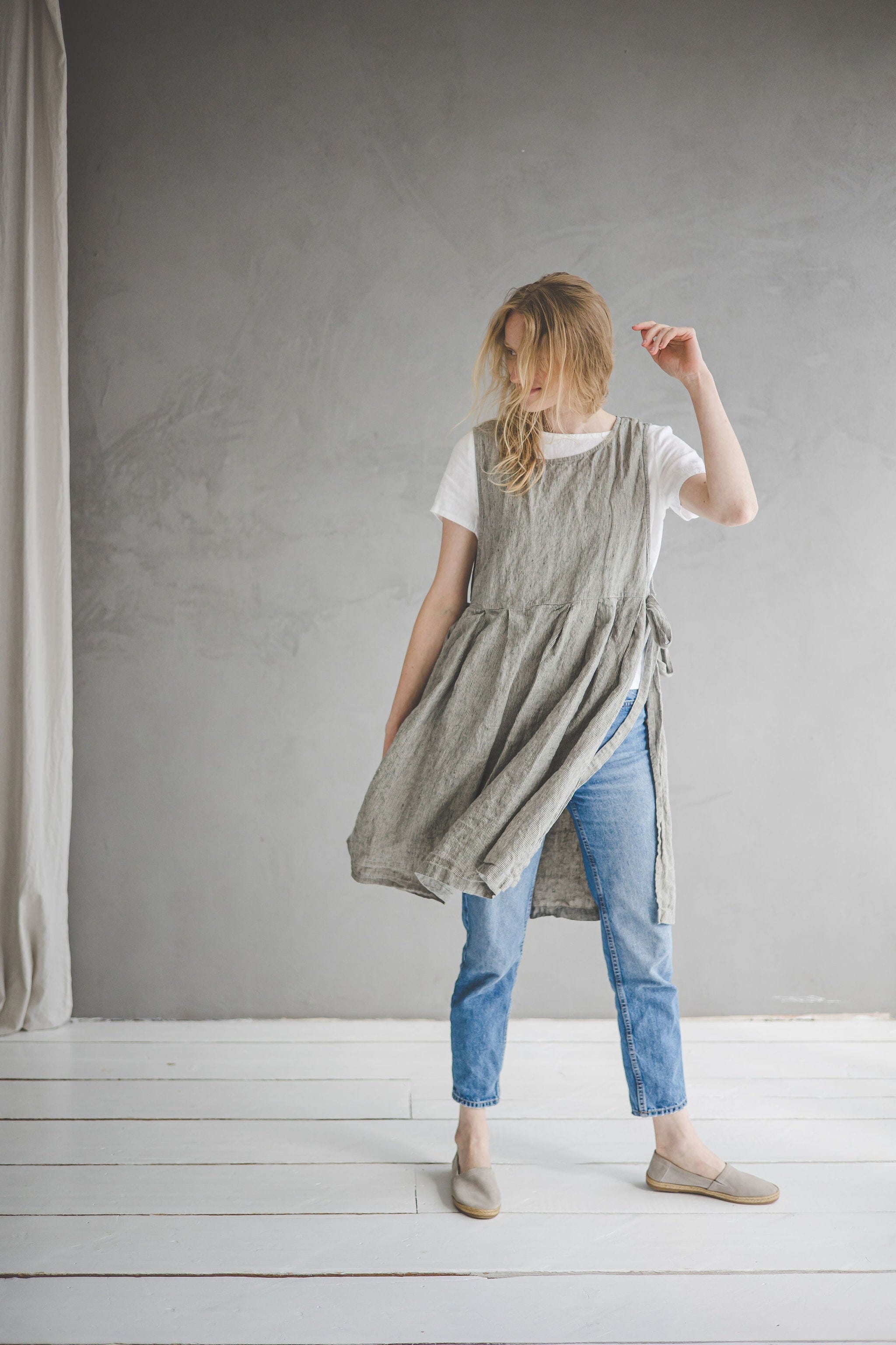 Striped Pinafore Apron Dress Natural Grey Stripes / XS/S Old Linen Mill