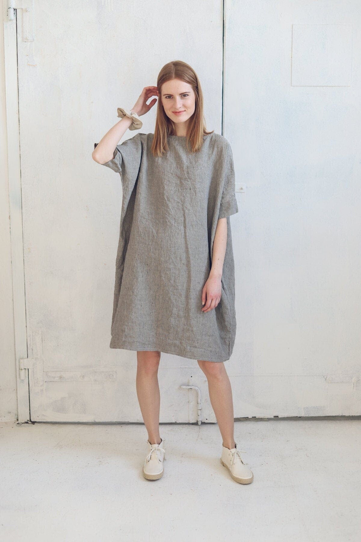 Striped Summer Linen Dress Old Linen Mill Small Grey Checks XS/S