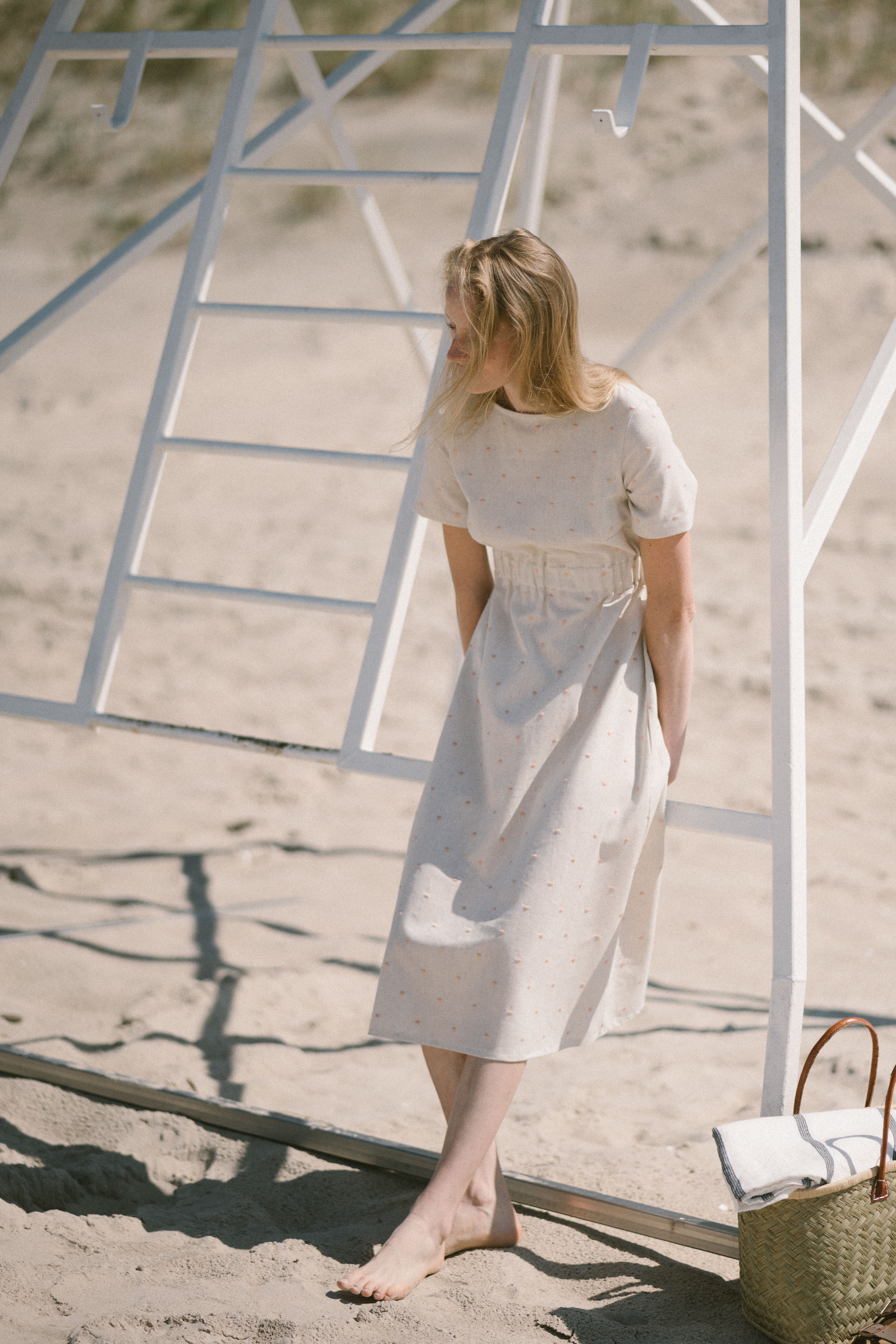 Summer Dress with Short sleeves in polka dot D11 Old Linen Mill