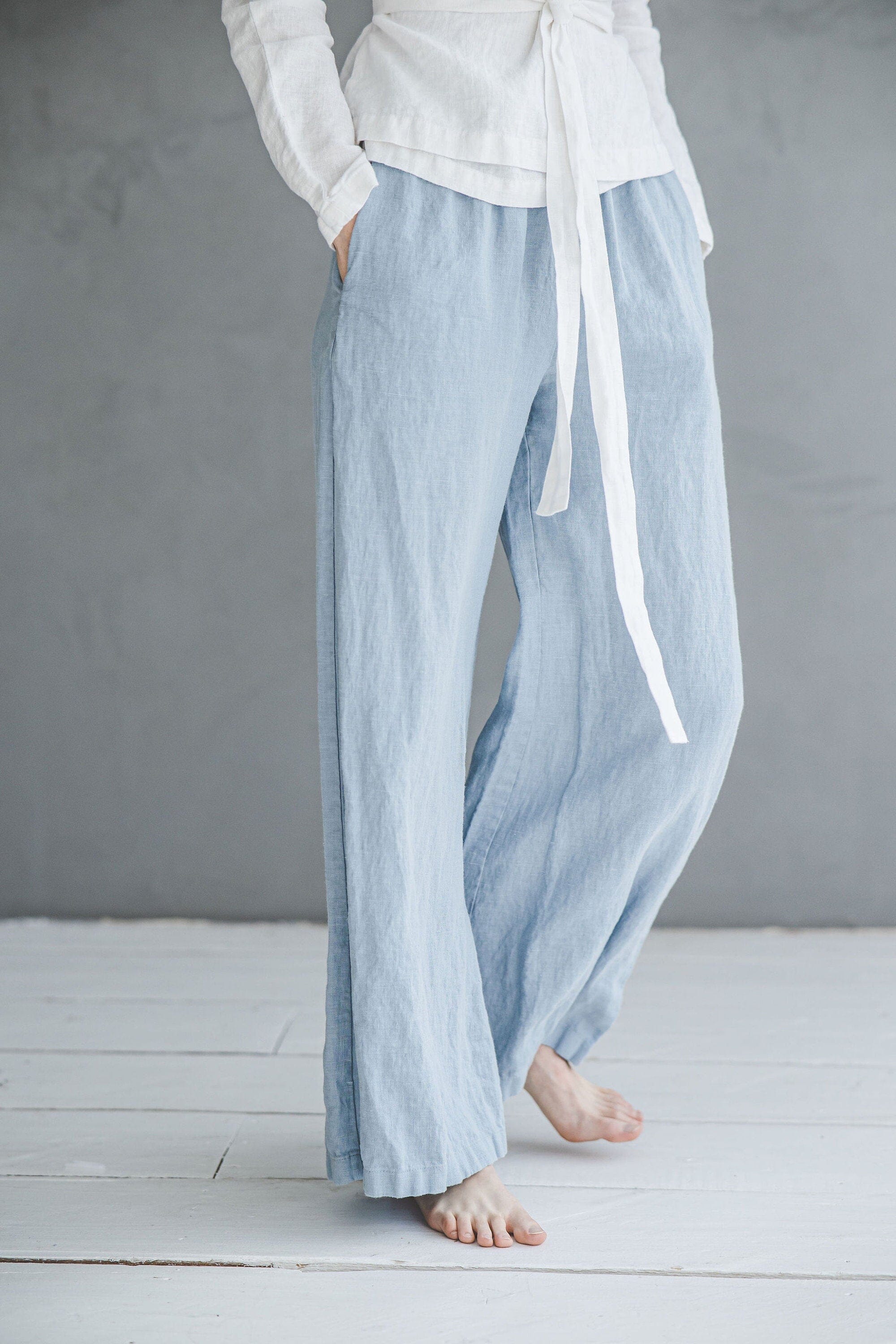 Summer Elastic Waist Linen Pants P08 Old Linen Mill Small Grey Checks XS/S