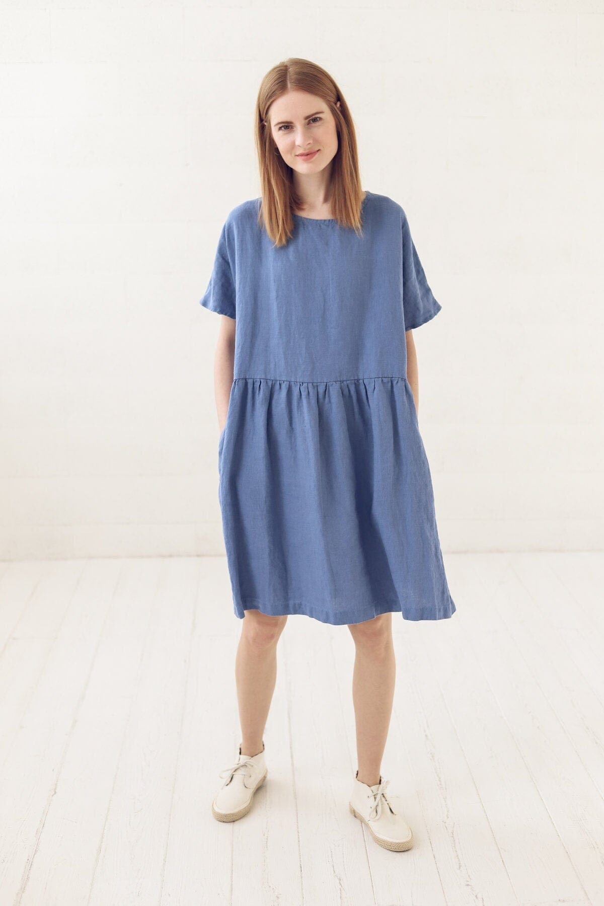 Summer Midi Linen Loose Dress Old Linen Mill Ocean Blue XS/S