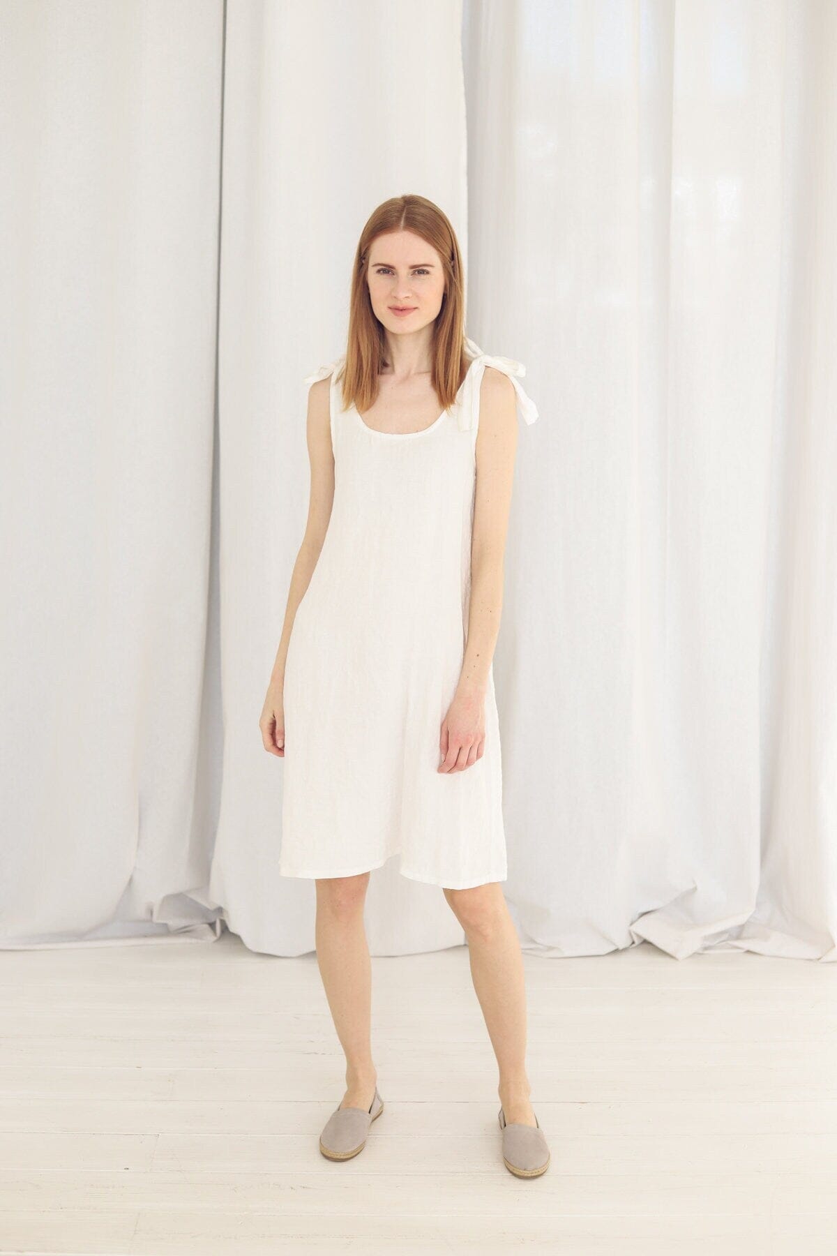 Summer Midi Linen Strap Dress Old Linen Mill Small Grey Checks XS/S