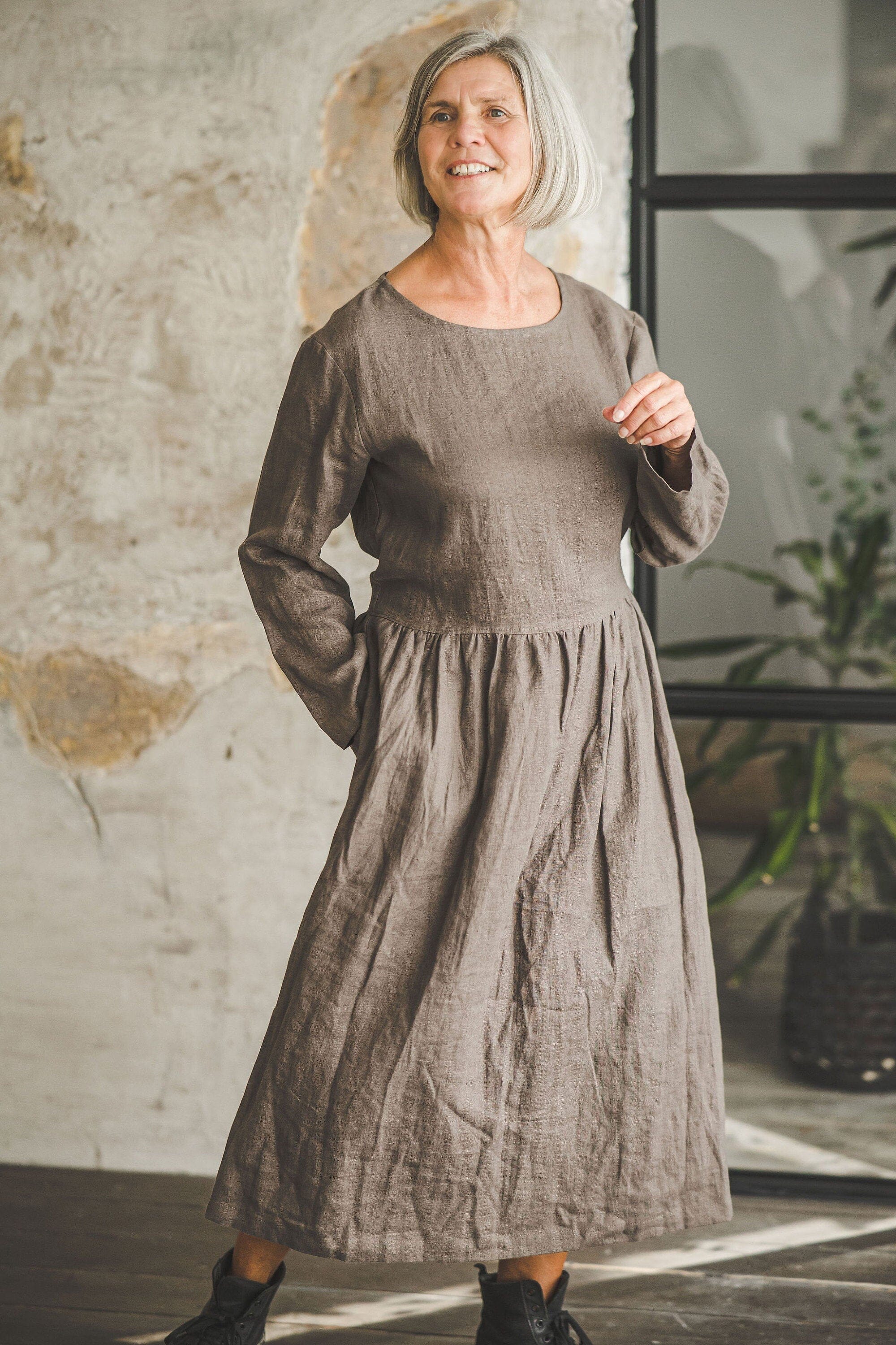 Swing Midi Linen Dress Old Linen Mill Small Grey Checks XS/S
