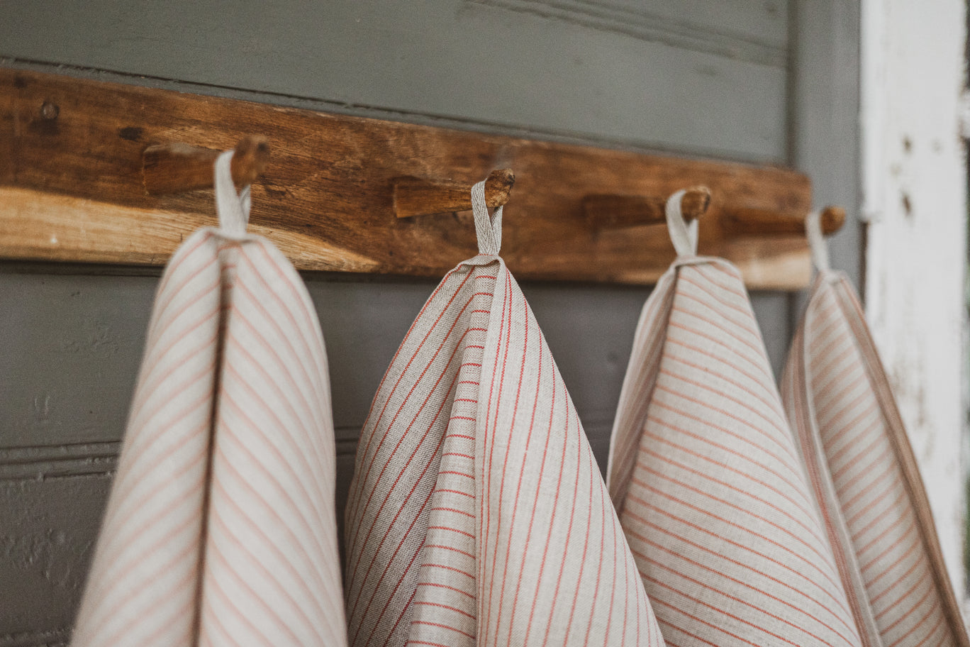 Tea Towels Set of 2 In Natural Small Red Stripes TT50x70 Old Linen Mill