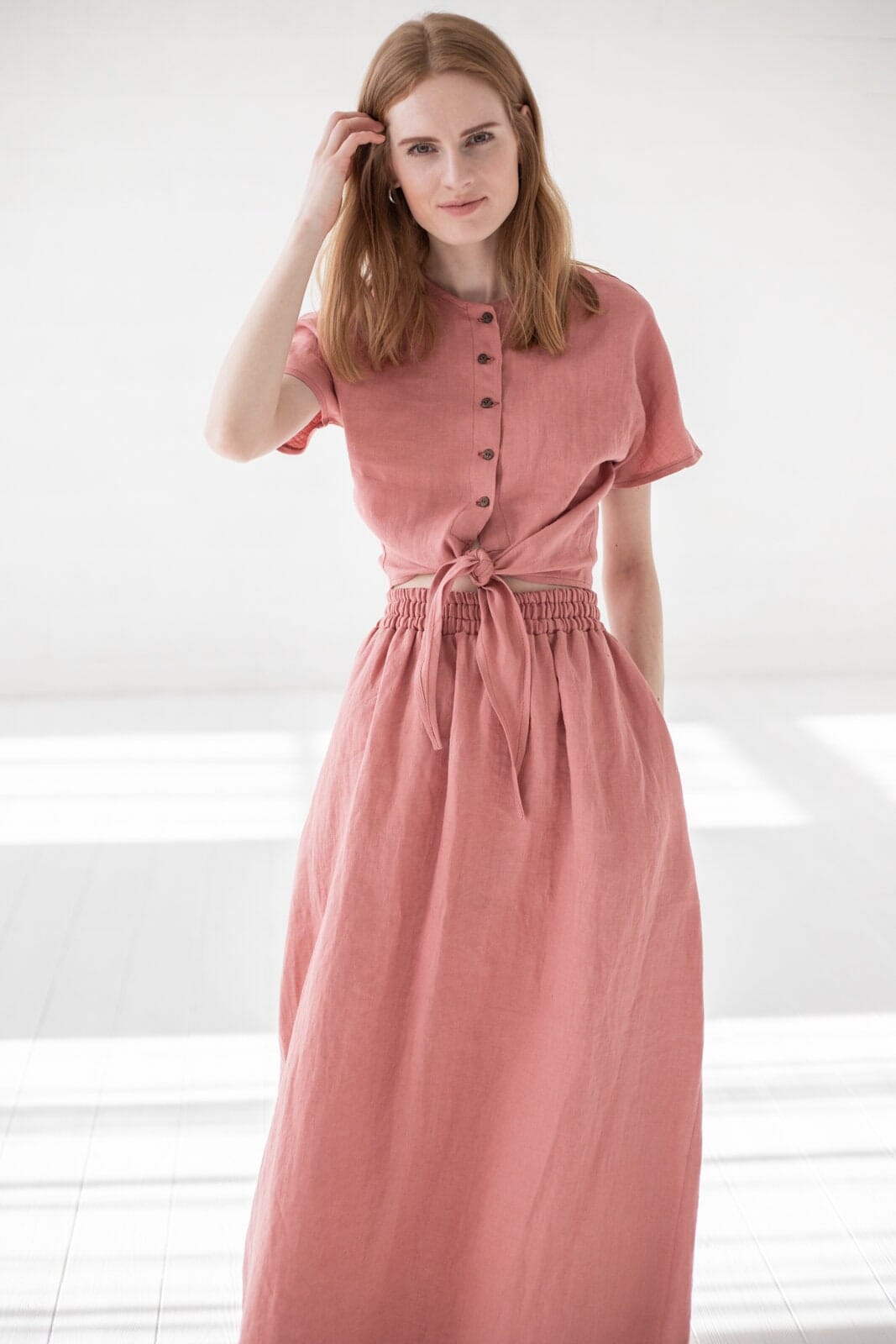 Tie Shirt Linen Short Blouse Old Linen Mill Small Grey Checks XS/S