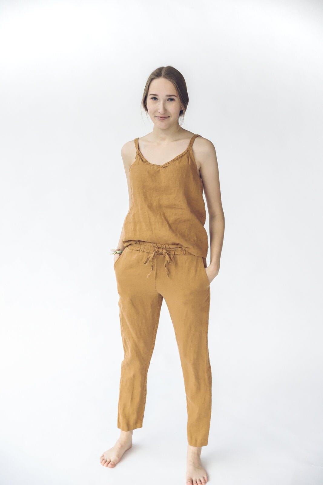 Tie Up Linen Pants for Women Old Linen Mill Small Grey Checks XS