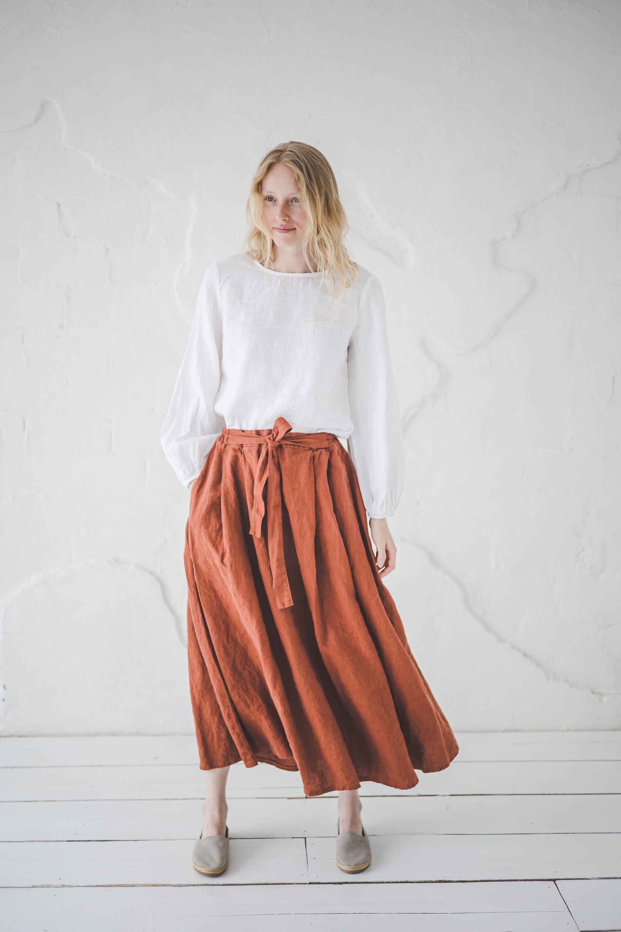 Victorian Maxi Linen Skirt with Tie Belt SK10 Living Coral / XS/S Old Linen Mill
