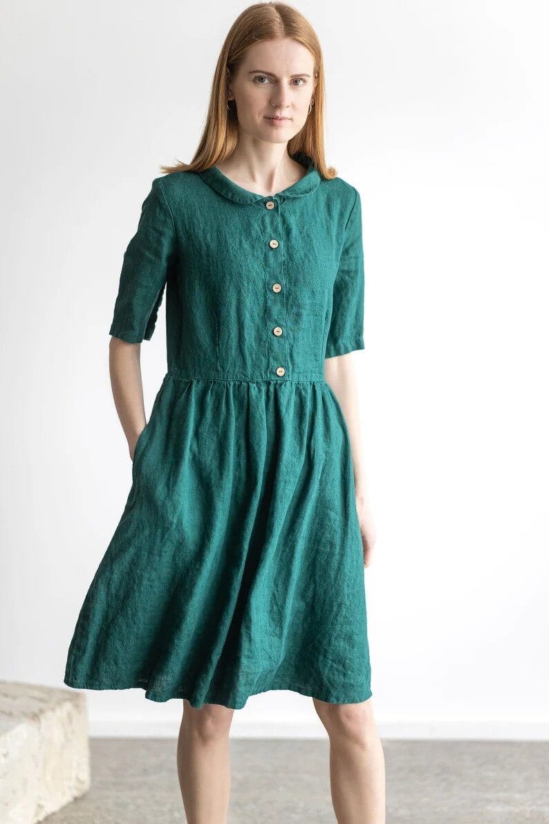 Vintage Style Linen Collared Dress Old Linen Mill Living Coral XS