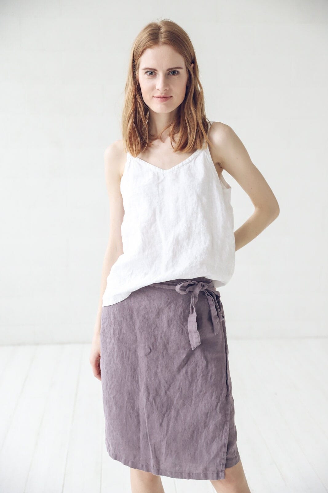 Wrap Knee Length Linen Skirt Old Linen Mill Small Grey Checks XS/S