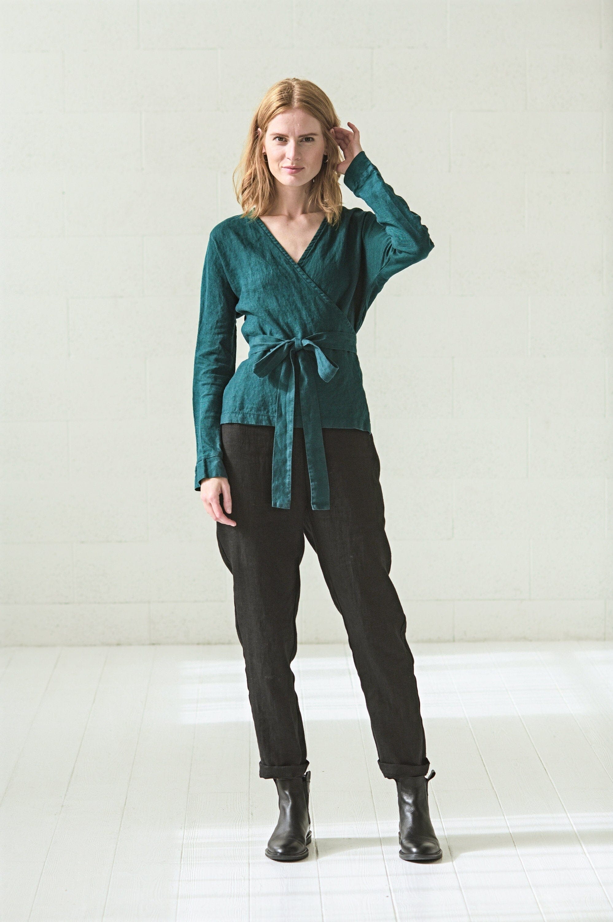 Wrap Linen Long Sleeve Blouse Old Linen Mill Small Grey Checks XS/S