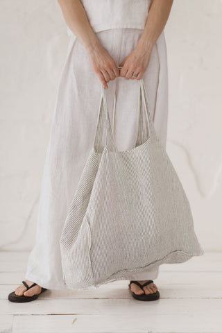 Natural Linen Beach Bag in  White Black Stripes