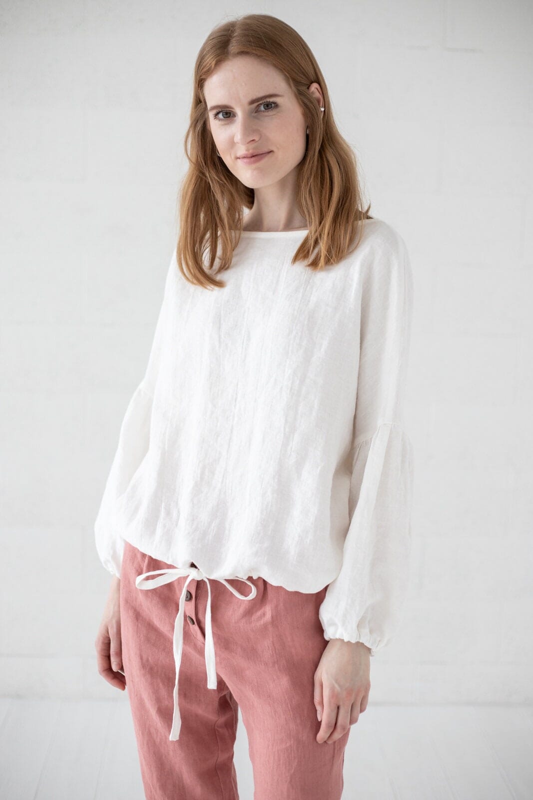 Balloon Sleeves Linen Blouse for Women Old Linen Mill Small Grey Checks XS/S 