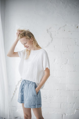 Beach Linen Shorts for Women Old Linen Mill White Black Stripes XS/S 
