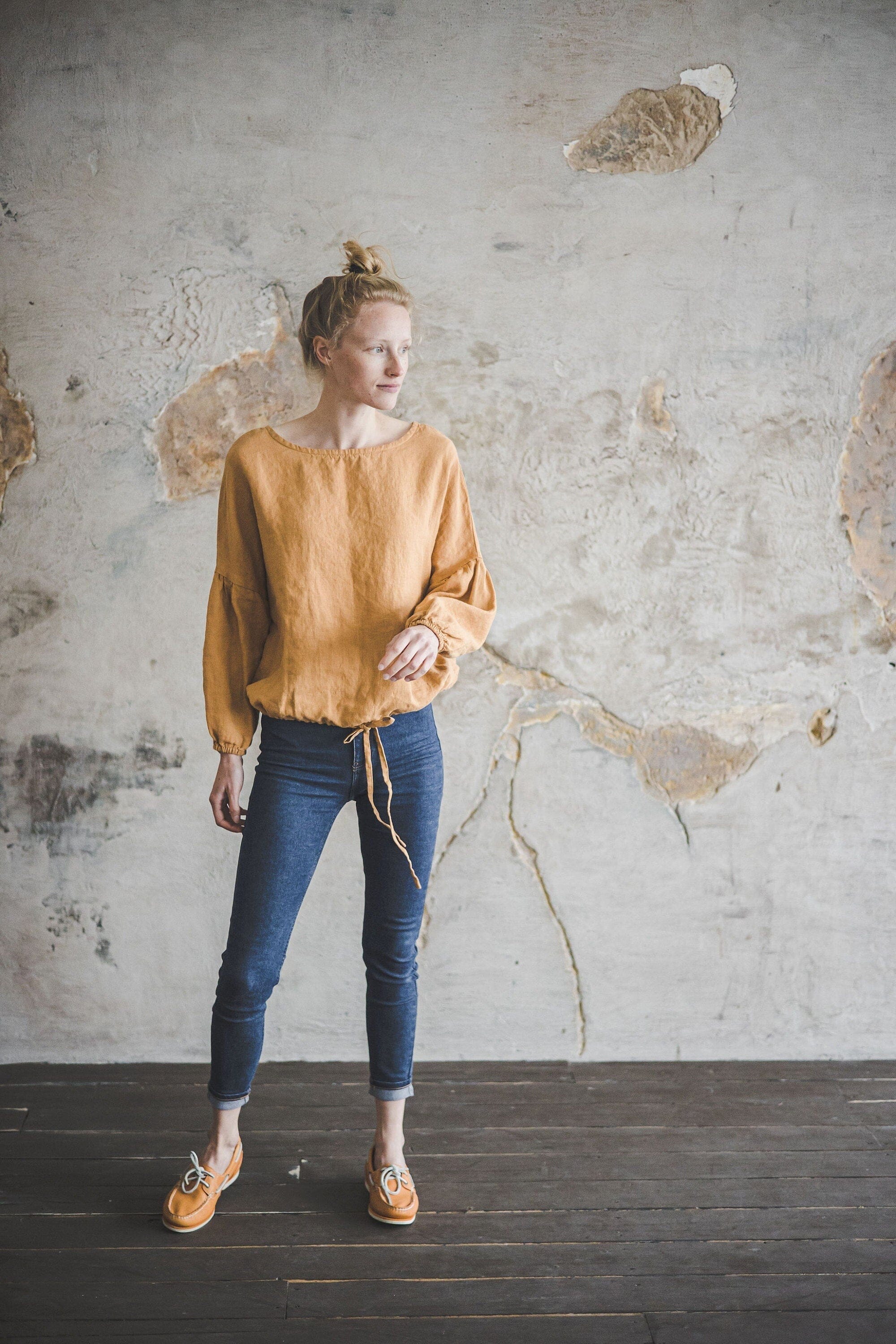 Bishop Sleeve Linen Top Blouse Old Linen Mill Small Grey Checks XS/S 