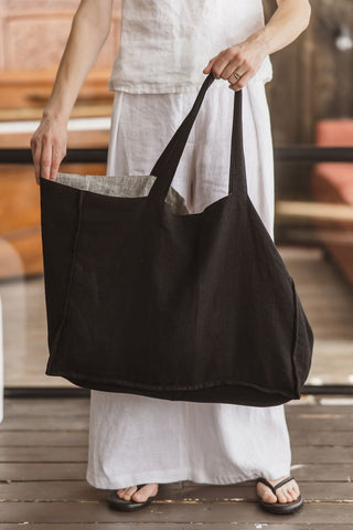 Black Linen Tote Bag – Eco Friendly Reversible Tote Bag Tote bag Heavy Black Old Linen Mill