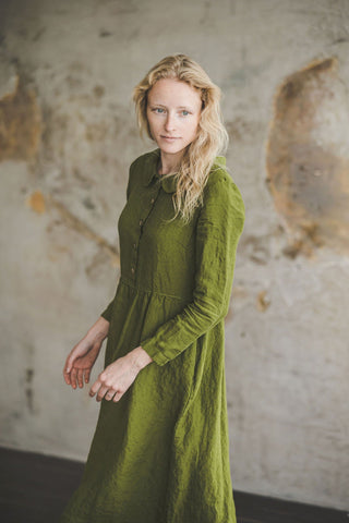 Boho Elegant Collared Linen Women Dress D45 Old Linen Mill 