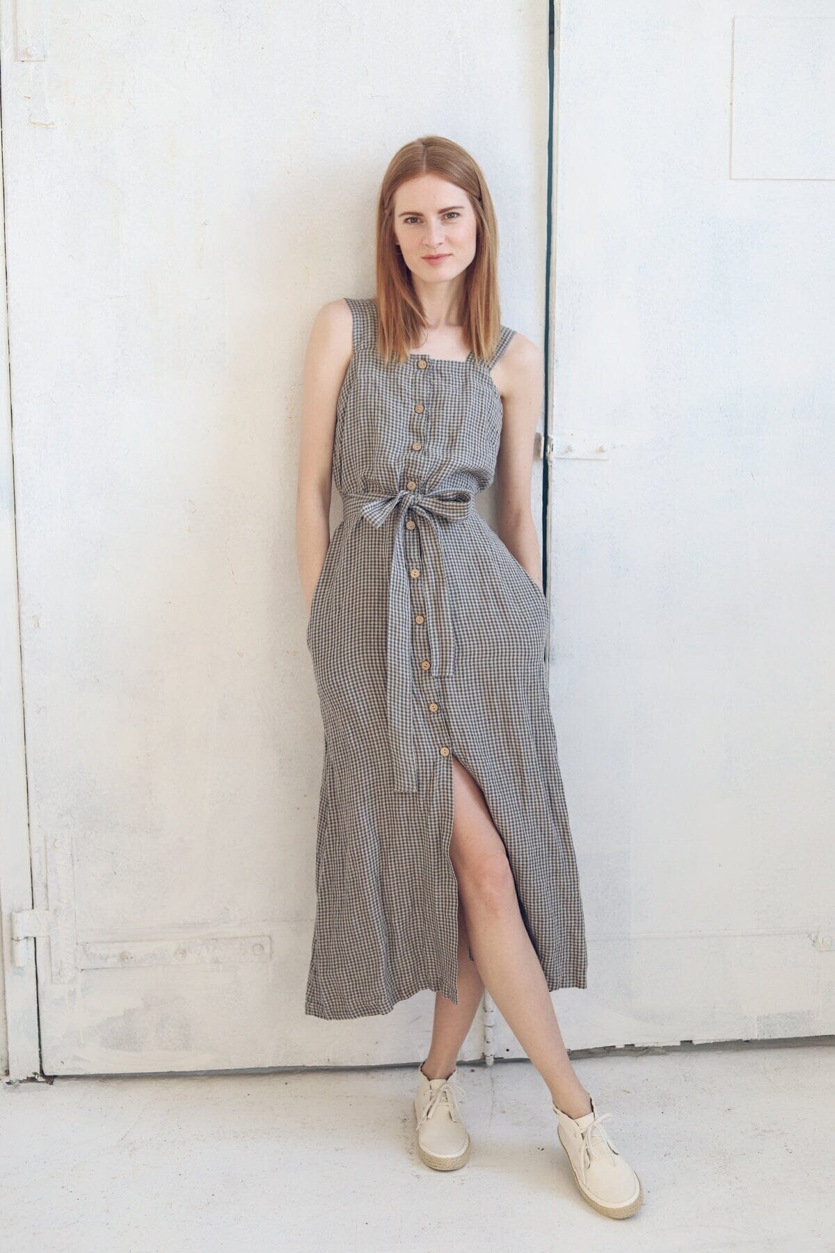 Boho Style Buttons Down Long Linen Dress Old Linen Mill Small Grey Checks XS 