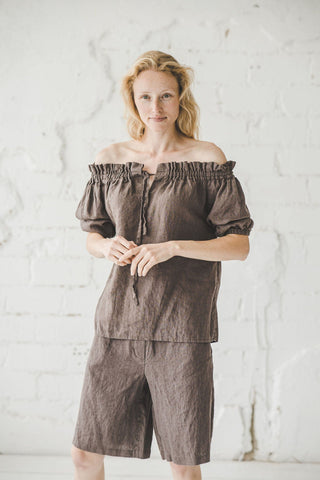 Boho Style Linen Top Blouse Old Linen Mill Small Grey Checks XS/S 
