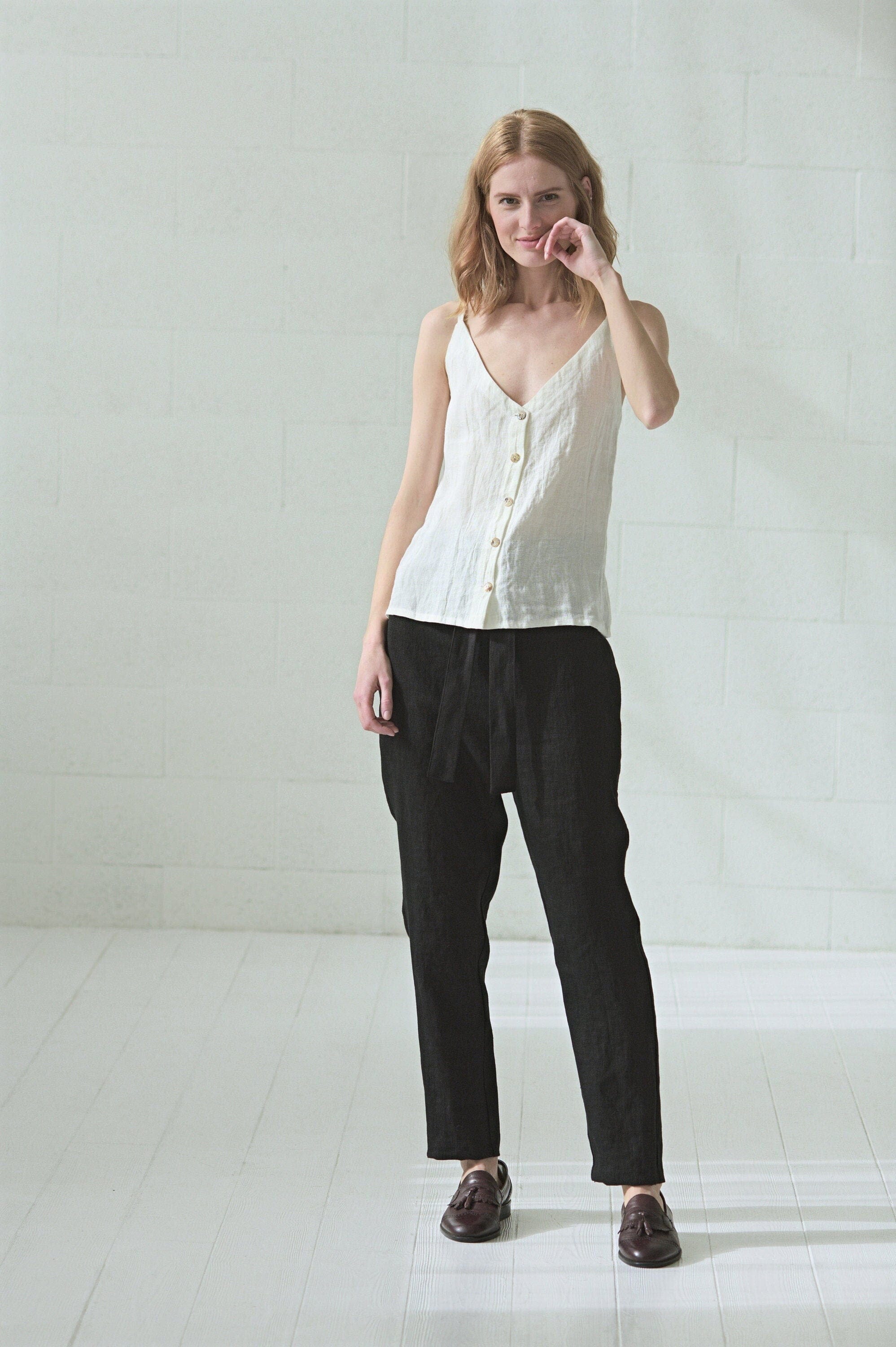 Casual Linen Top for Women Old Linen Mill Small Grey Checks XS/S 