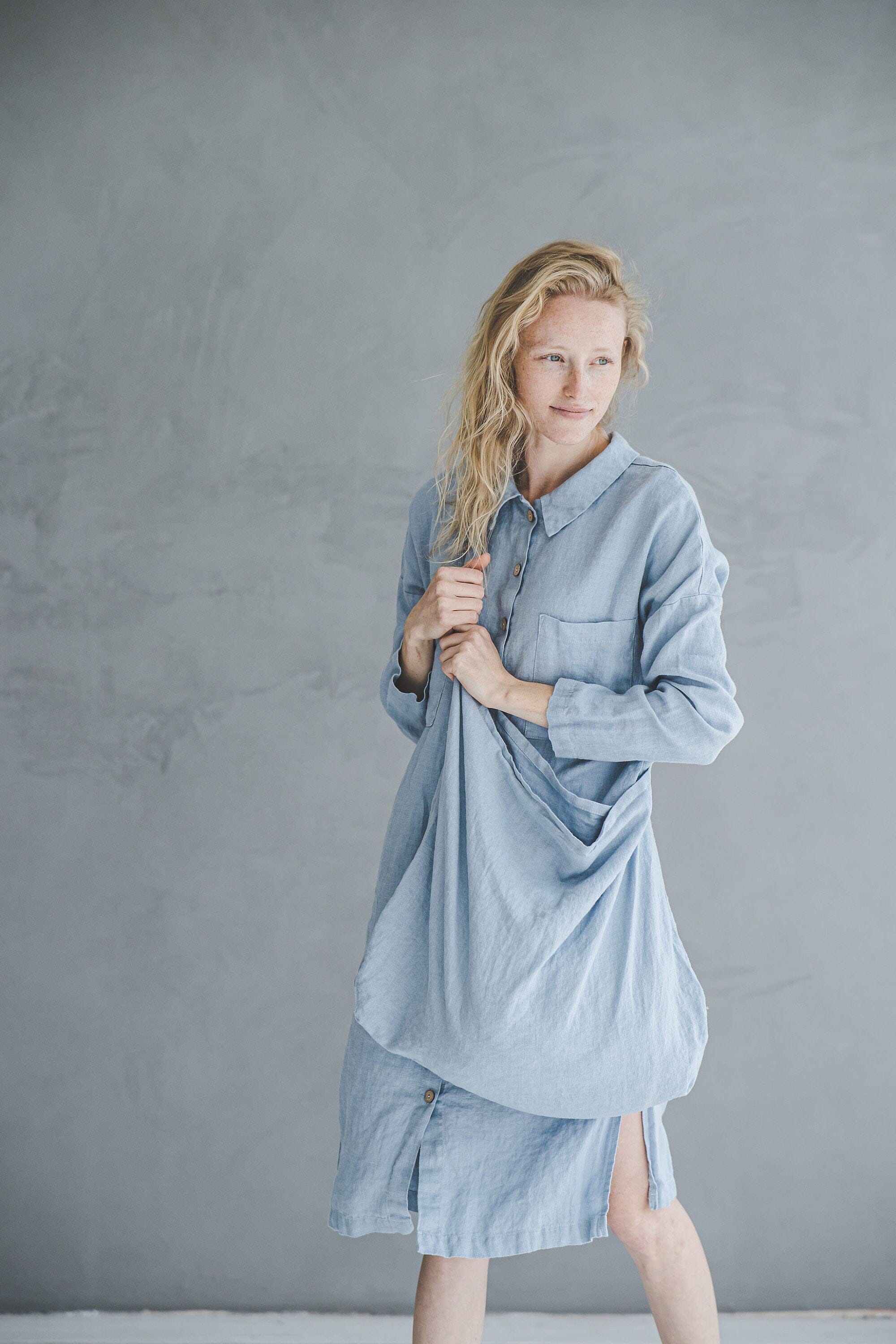 Casual Long-Sleeve Buttoned Linen Dress Old Linen Mill 