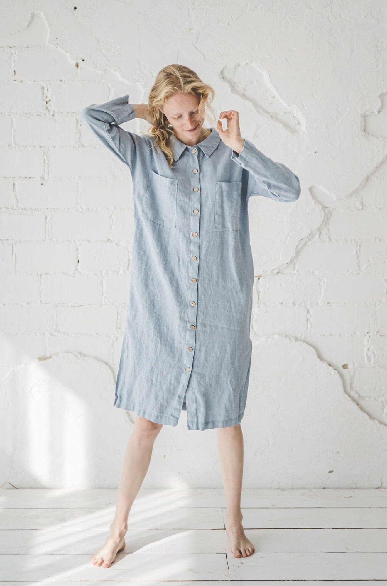Casual Long-Sleeve Buttoned Linen Dress Old Linen Mill Small Grey Checks XS 
