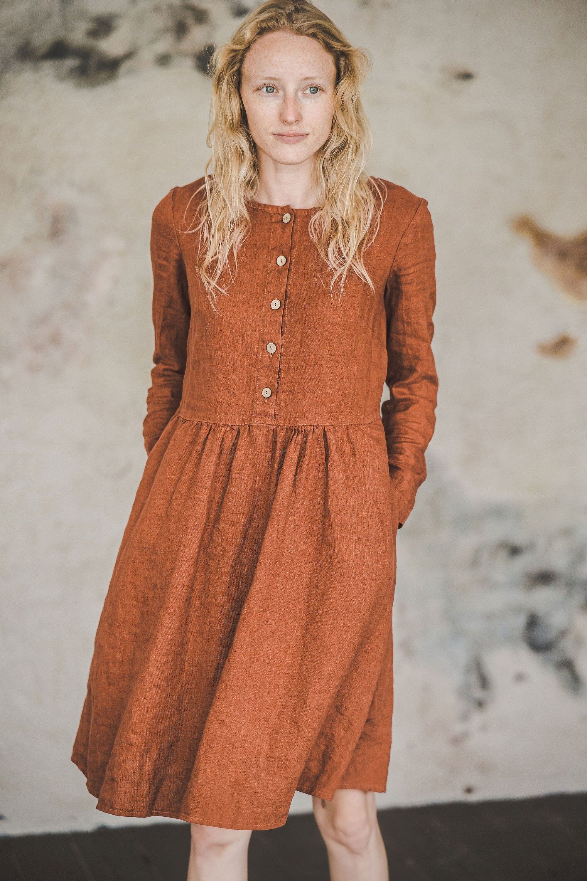 Casual Midi Long Sleeves Linen Dress Old Linen Mill 