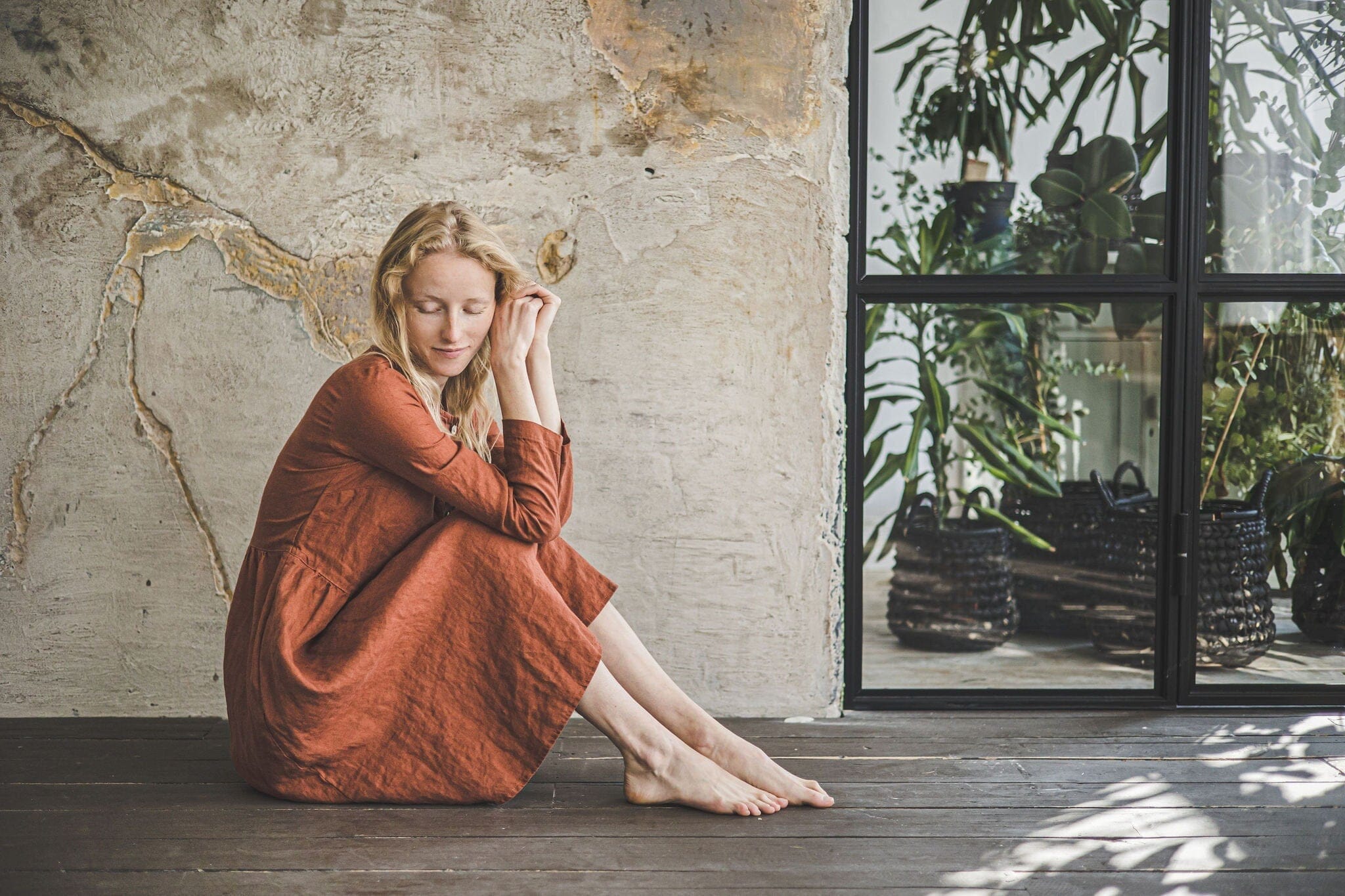 Casual Midi Long Sleeves Linen Dress Old Linen Mill 