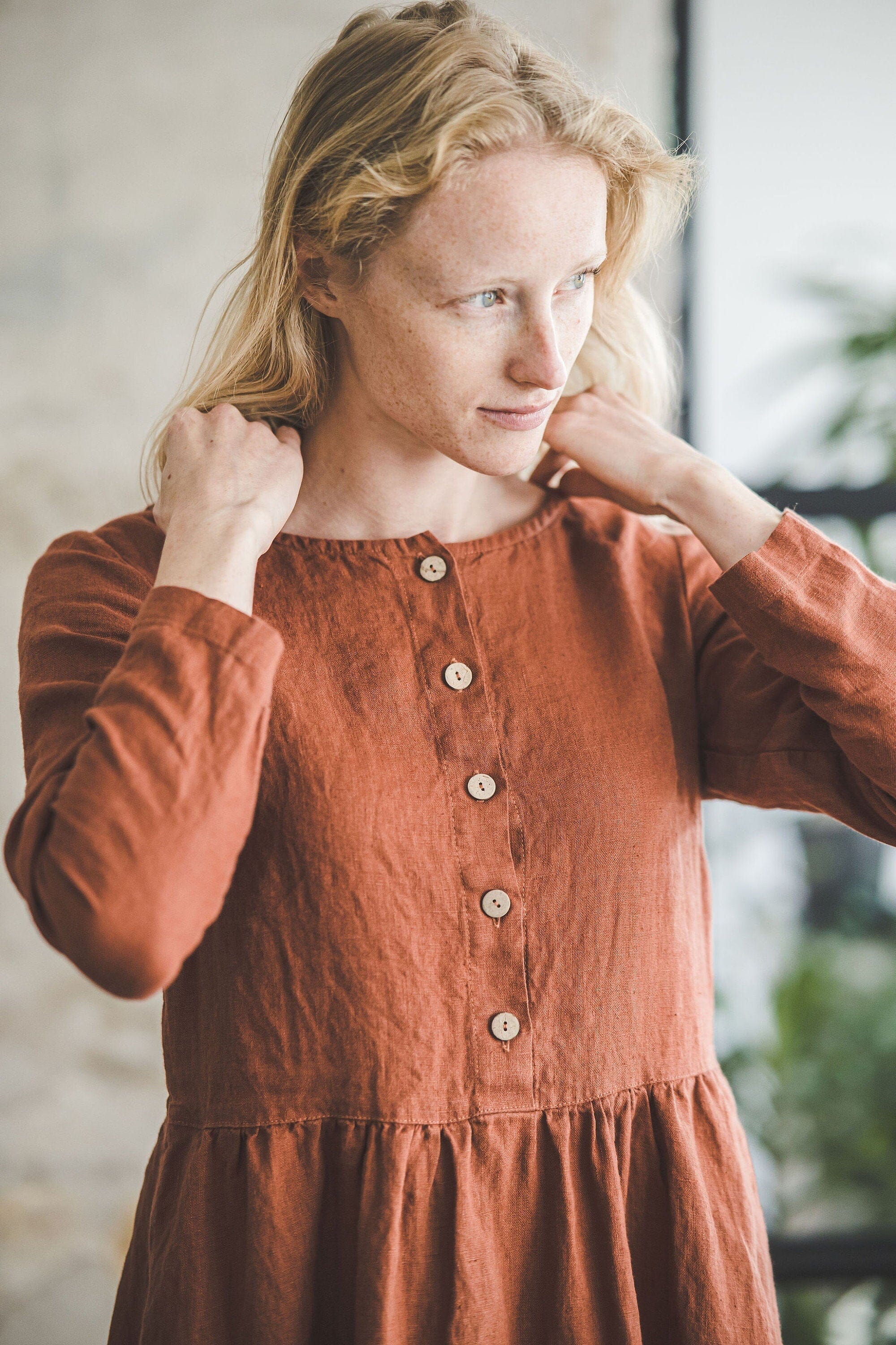 Casual Midi Long Sleeves Linen Dress Old Linen Mill Casual Midi Long Sleeves Linen Dress Old Linen Mill