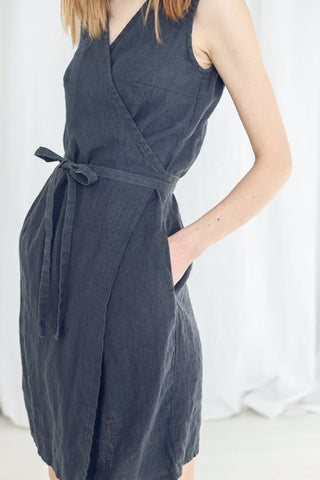 Casual Sleeveless Linen Dress with Long Belt Old Linen Mill 